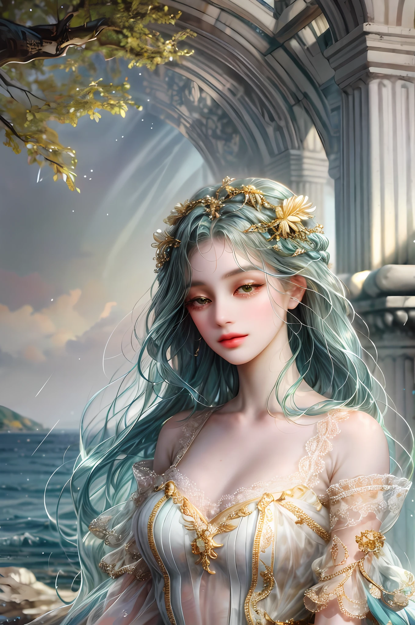( High quality , ultra detailed, careful with hand )Zodiac - Virgo goddess , similar to latin goodness , Efficient, industrious, calm, altruistic, adaptable face , Highly sensitive, over-critical, materialistic style , deep brown eyes (eyes detail) , mist-green hair , transparent dress , in the ocean with trees and flowers , whole body , make up look , like a earth goddess.