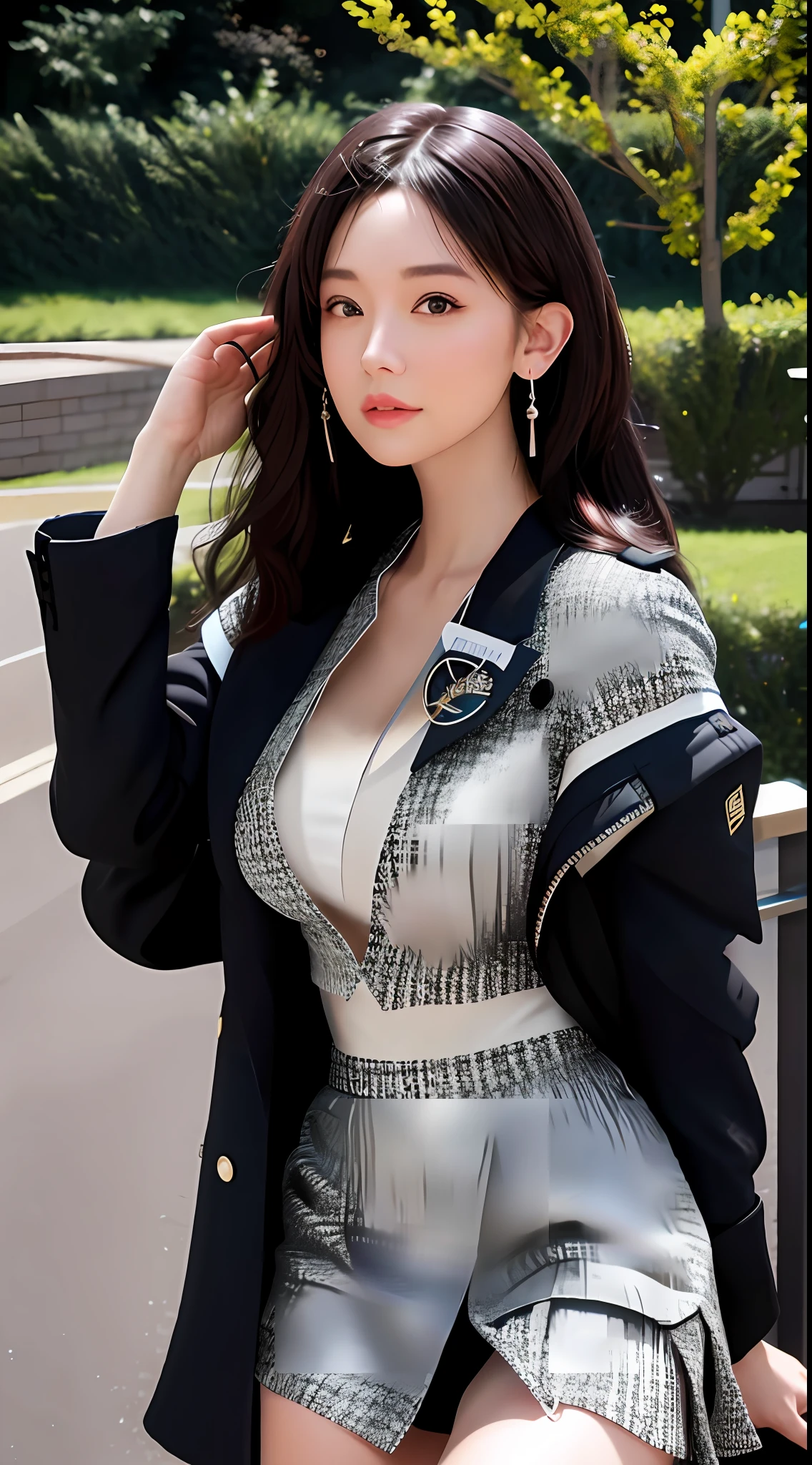 best quality, masterpiece, 1 girl, beautiful face, (photo photo:1.3), edge lighting, (high detail skin:1.2), 8k ultra hd, dslr camera, high quality, high resolution, 4k, 8k, bokeh, absurd, best ratio four fingers and one thumb, (realistic:1.3), cute 1girl, wearing black formal blazer, giant breasts, miniskirt, nudity, exposed,