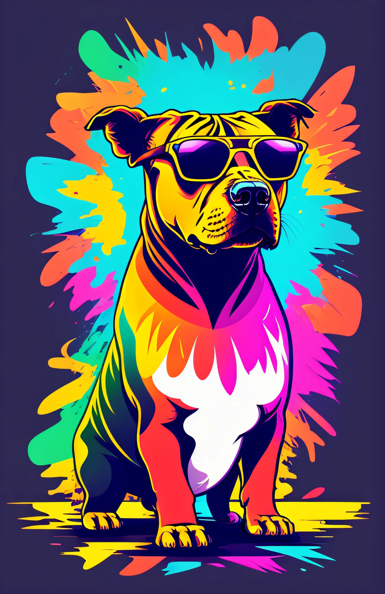 T-shirt graphic design art, flat illustration of a retro aggressive pitbull wearing sunglasses, colorful tones, highly detailed cleanup, vector image, photorealistic masterpiece, professional photography, realistic bear, simple space backdrop, plain white background, isometric , vibrant vector