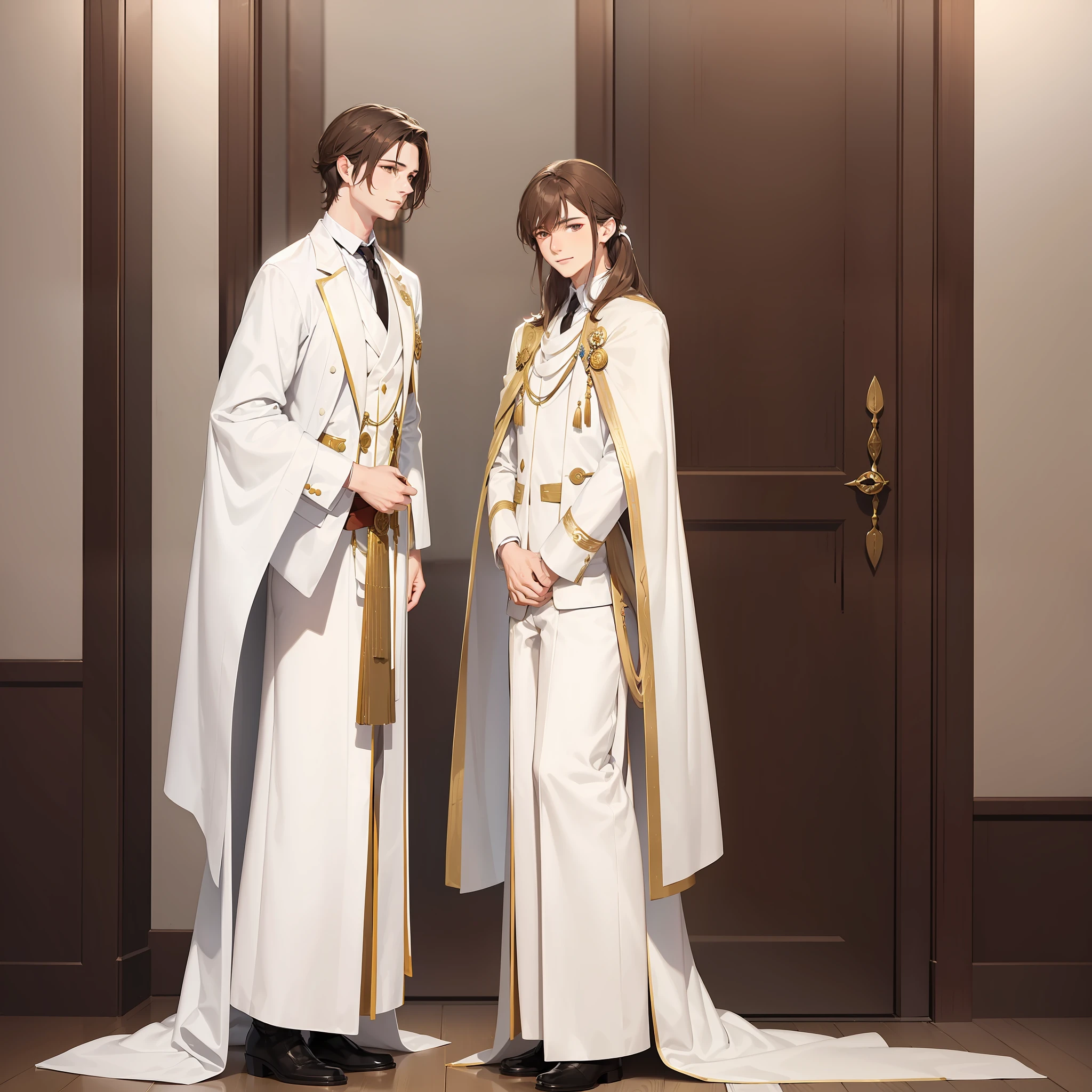 1 young male, wearing a long white and brown tail, wearing a flowing white tuxedo, brown eyes, single character full body, tall (wearing aristocratic robes), gentle, smiling, western fantasy see, tie, brown hair, oblique bangs, hair long and short on one side