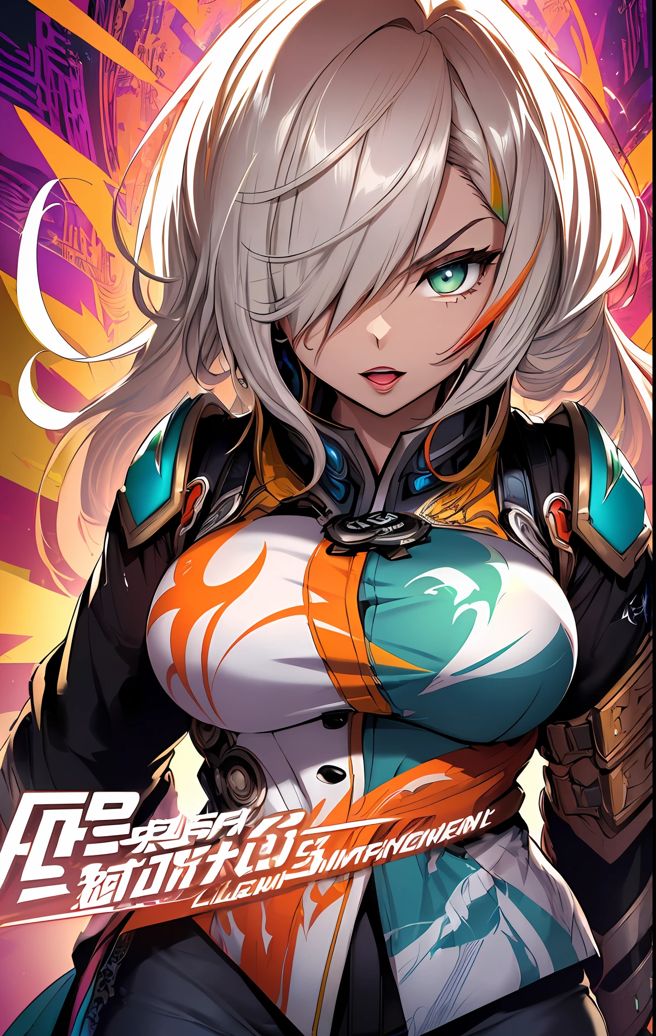 ((((spectacular))) ((heroic)) (((intense))),background, mixed-language_text, Japanese letters in graffit ,girls, excellent lighting, sidelighting, (), vhsKeeper,, style GUILTY GEAR -STRIVE perfect ultimate (flat color: 1.3), (magazine_cover: 1.4), (multicolored_background: 1.3), striped_background, card_background, :: comix style by joe madureira :: circular pieces of white metals glued to the arms coming out shimmering yellow glow, big breast , perfect and detailed, ultra detailed shirt with abstract design and with Japanese letter print in graphite of the sides of the clothing, image of full-body girls fighting next to you with powerful dragons versus alien creature full of tentacles, with immersive effects, hover effect, background style graffiti tribal tattoo with vibrant colors "HDR ultra" detailed and with focus effect, (masterpiece: 1.2, best quality), (finely detailed beautiful eyes: 1.2), , ((Solo)), (Finely detailed eyes and detailed face:1.3), in various full-body attack poses, (cute background: 1.2),futuristic costume, super detailed circular metals Grabbed at arms and pants, fantastic paintings, eyes absolutely, hyper detailed, highest resolution, hair covering eyes, beautiful face, open mouth with a soft pink lipstick, beautiful eyes, vibrant colors, night, digital art of the highest quality, stunning art, 4k,8k,64k wallpaper, HD, incomparable masterpiece, dynamic lighting, cinematic, epic