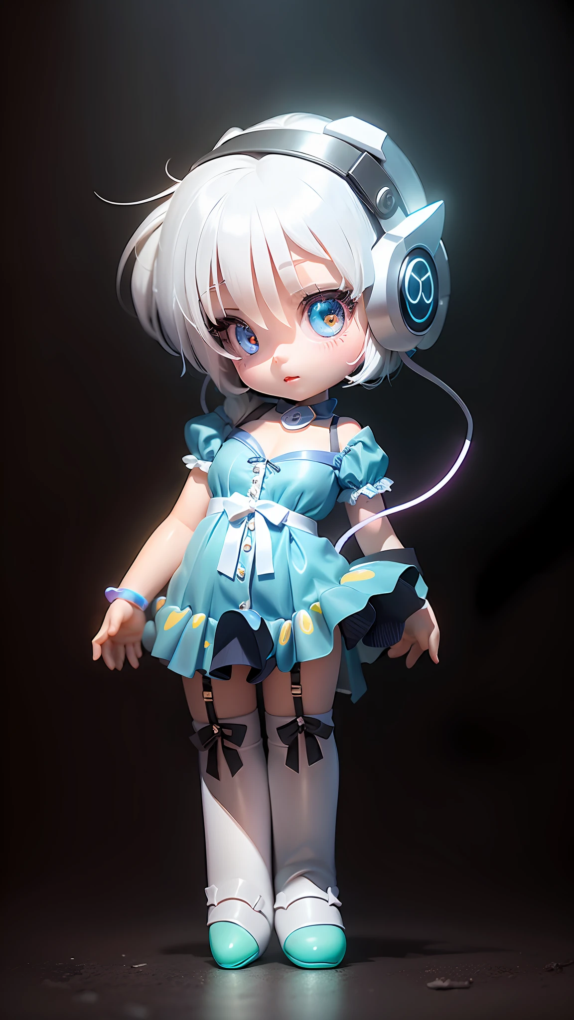Masterpiece, Best Quality, Official Art, 8k Wallpaper, Very Detailed, Illustration, 1 Girl, White Hair, Beautiful Eyes, Wearing Headphones, Stockings Pattern, Super Cute Girl Full Body 3D Drawing, Good Looking Eyes, Big Eyes, Cute, Happy, C4D, Pop Matt Blind Box, Glow Bubble, Toys, Solid Color Background, Chibi, Fluorescent Translucency, Glow Body, Kawaii, Doll, Pop Mart Blind Box, Pixar, Intricate Details, 3D Rendering, Blender, OC Renderer ,fol body reference sheet,dribble,high details,8k,studio lighting,loli,petite,child,chibi ,