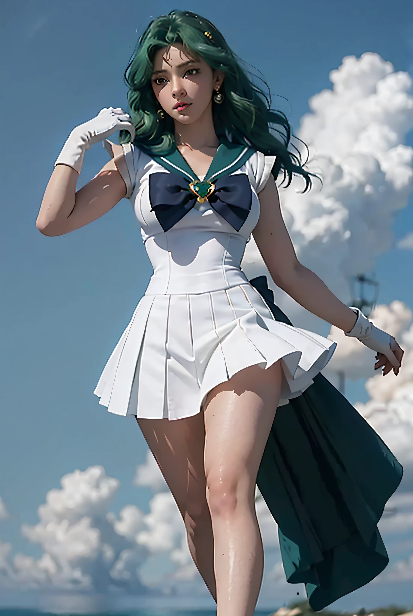 Close up, 1 girl, sailor Neptune, (sailor senseki uniform:1.2), (aqua eyes:0.9), dark green hair, hair that grows to the feet, wedge skirt, best quality, earrings, masterpiece, high resolution, intricate details, (realistic)), photography, (white elbow gloves:1.1), jewelry, big breasts, full body, dynamic background, planet background, dynamic pose, high heels,