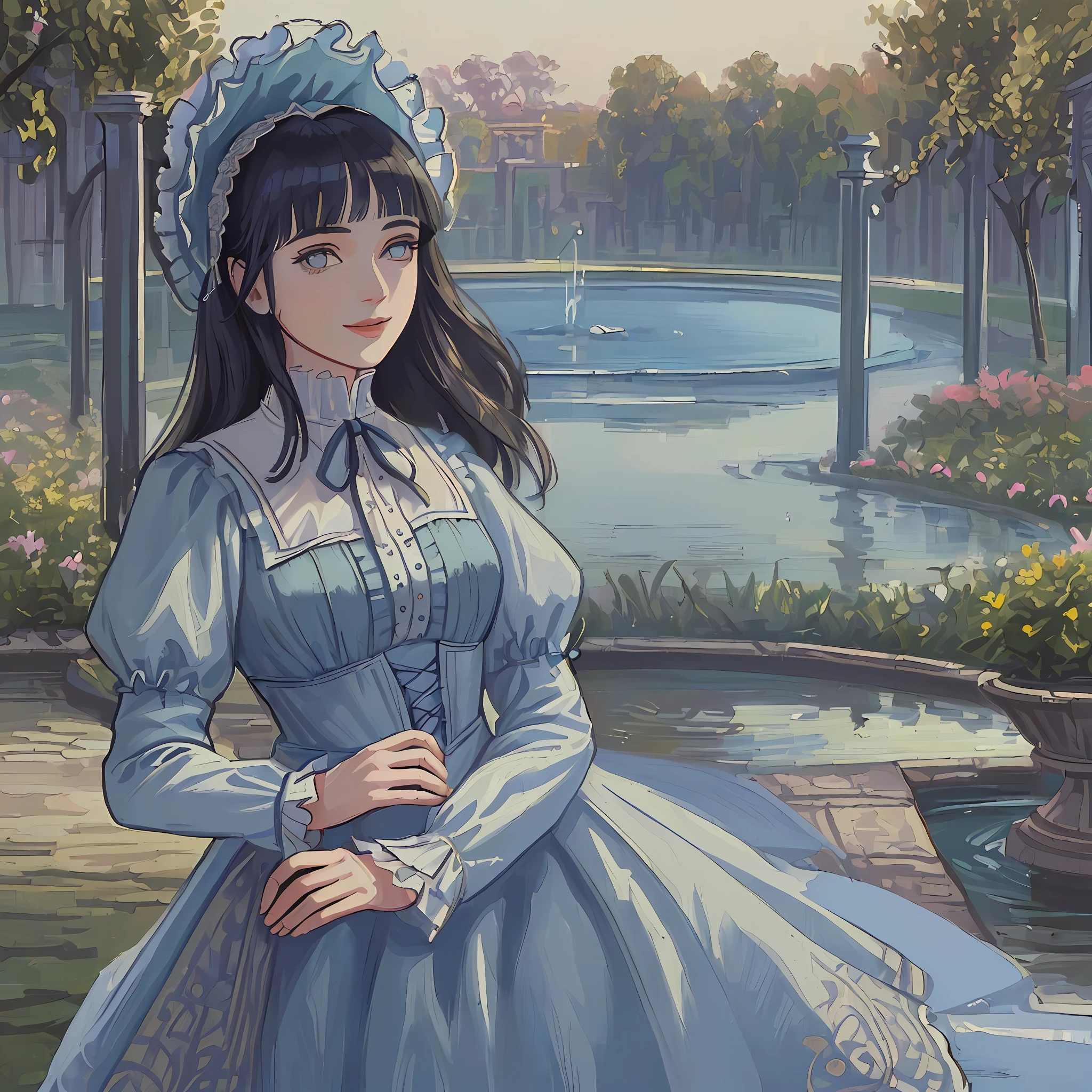 ((((masterpiece)))), (best quality), ((Hyper detailed)), ((High
detail)), ((Exquisite detail)), (1 girl), (solo), (cowboy shot), (looking
at viewer),((outside)), (((antique))), ((palace)), ((garden)), ((fountain)),
(flower), ((mature female)),((victorian dress)), ((medium breasts)),
((bonnet)), (long hair), hinata/(boruto/), dark blue hair, detailed lips, wavy hair, smile
