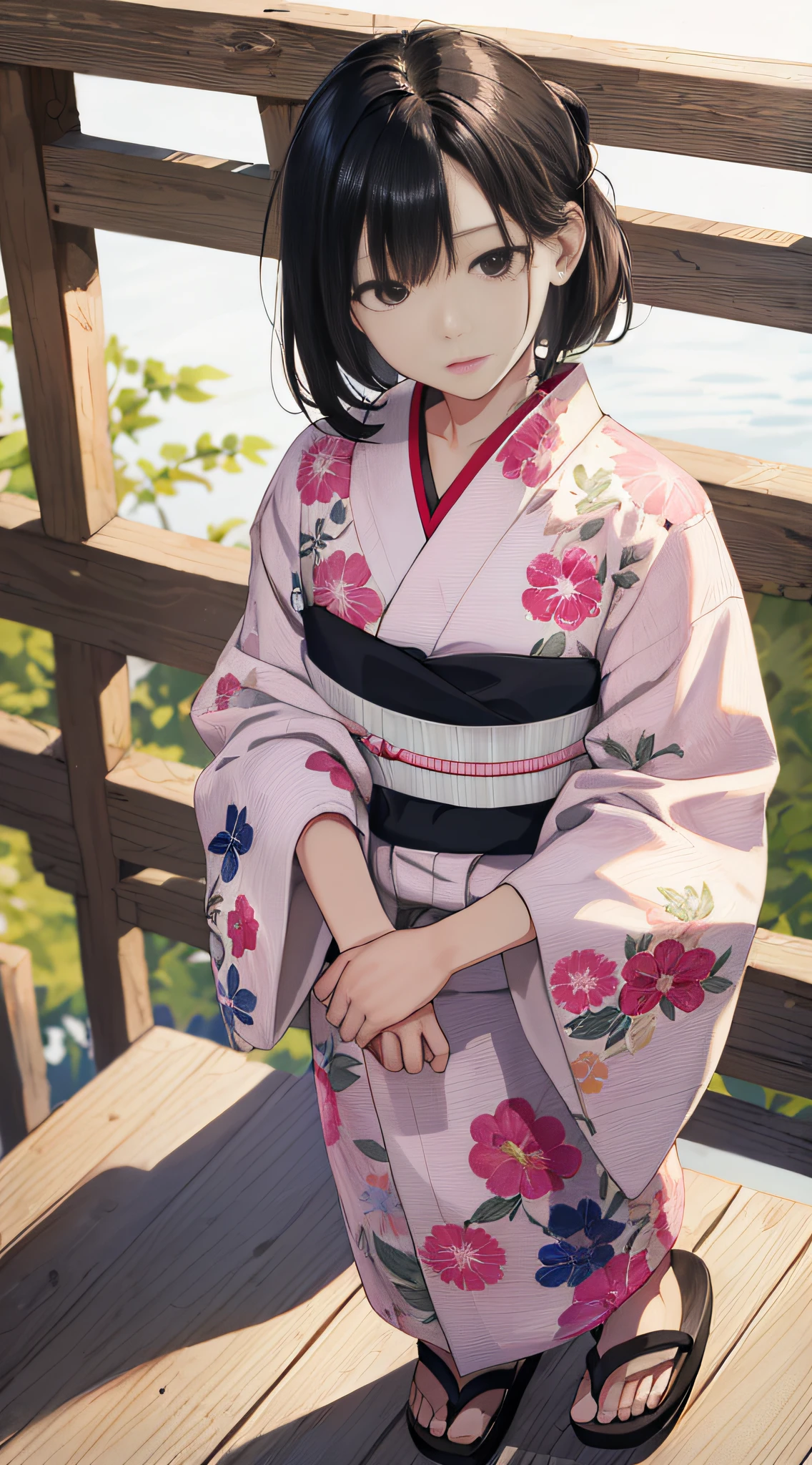 ((highest quality)), (Masterpiece))), (High resolution), Carefully drawn face and eyes, original, Highly detailed 8K wallpaper, Full body, looking far away, (white background), one Japan woman, 20 years old, very cute, straight black hair, black eyes, sad expression, mole, white and pink women's yukata, women's geta,