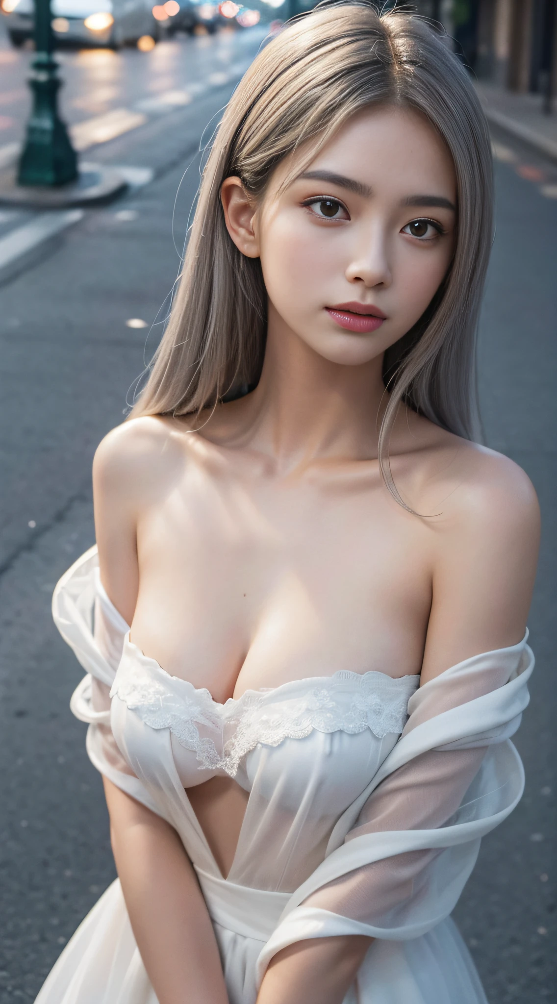 Masterpiece, highest image quality, crazy details, exquisite facial portrayal, ((dopamine dressing)), 8K resolution, delicate face, cute peerless beauty, delicate and translucent eyes, silver messy long hair, on the street, (brilliant light and shadow), soft focus, real shadows, 8K HD, upper body close-up, depth of field, beautiful smooth collarbone, medium chest, ultra clear, FROM ABOVE