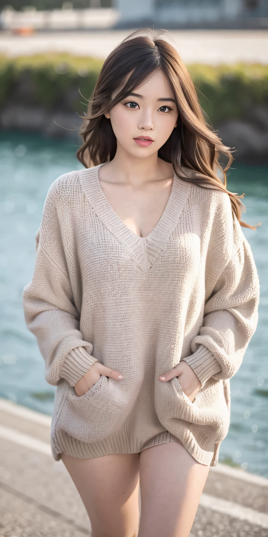 1girl walking on the river, mix4, sweater, pillow, lips, open_mouth, realistic, photo_\(medium\), solo, stuffed_animal, stuffed_toy, teddy_bear,(masterpiece),(photorealistic:1.3), ultra-detailed, (high detailed skin:1.2),(best quality:1.0), (ultra highres:1.0), (ulzzang-6500:0.3), wavy detailed hair, long hair, sunshine, (beautiful detailed makeup), (sexually aroused blushing heavy breathing:1.0), floral theme flower petals scattered, (soft glow bloom:0.5)