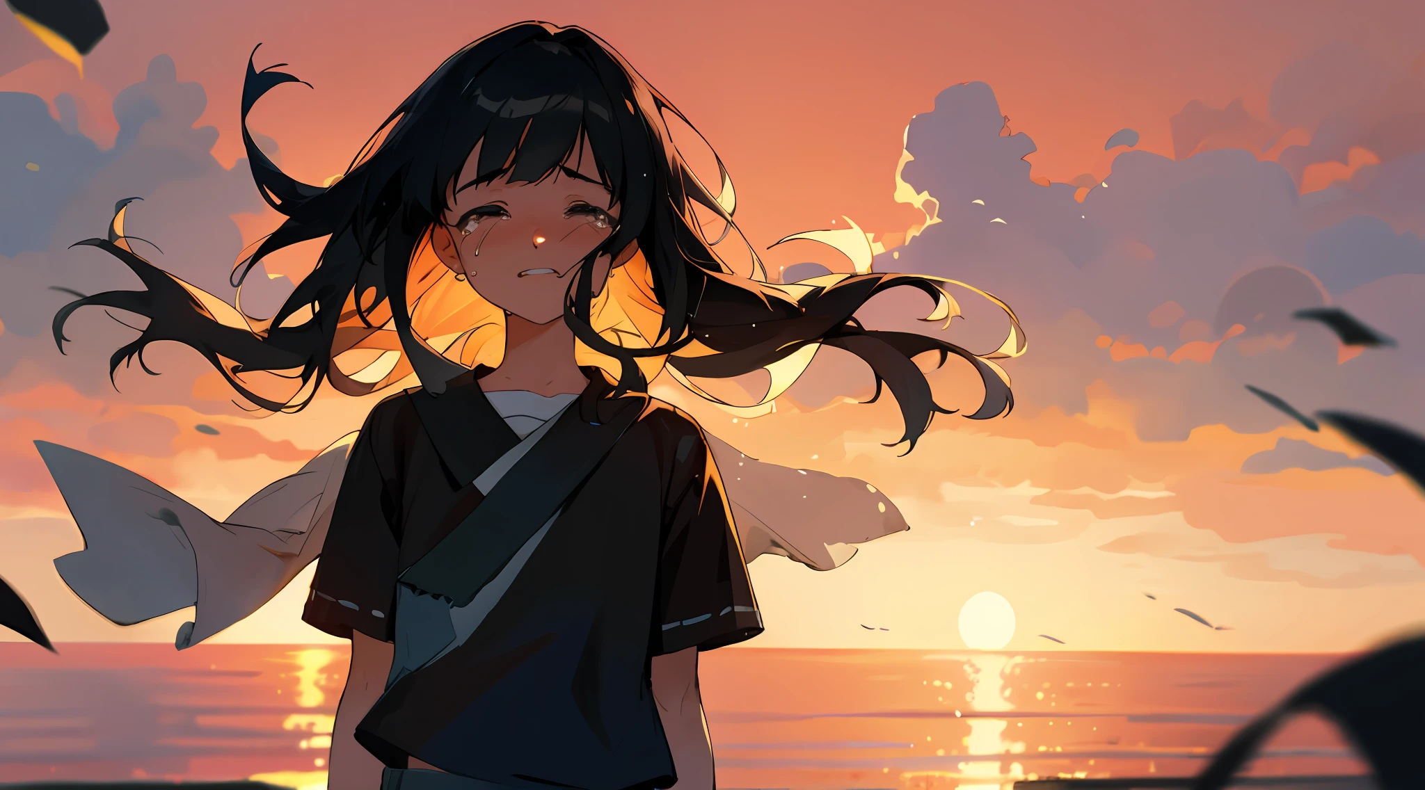 Vista, Panorama, Perspective, Depth of Field, Bust, Upper Body, Cinematic Angle, Masterpiece, Best Quality, Ultra Detailed, CG, 8K Wallpaper, Beautiful Face, Delicate Eyes, A Maiden, Solo, Long Black Hair, Short Sleeves, Shorts, Crying Loudly, Crying, Tears, Crying, Opening Mouth, Crying into Tears, City Background, Sunset, Dusk, Sunset