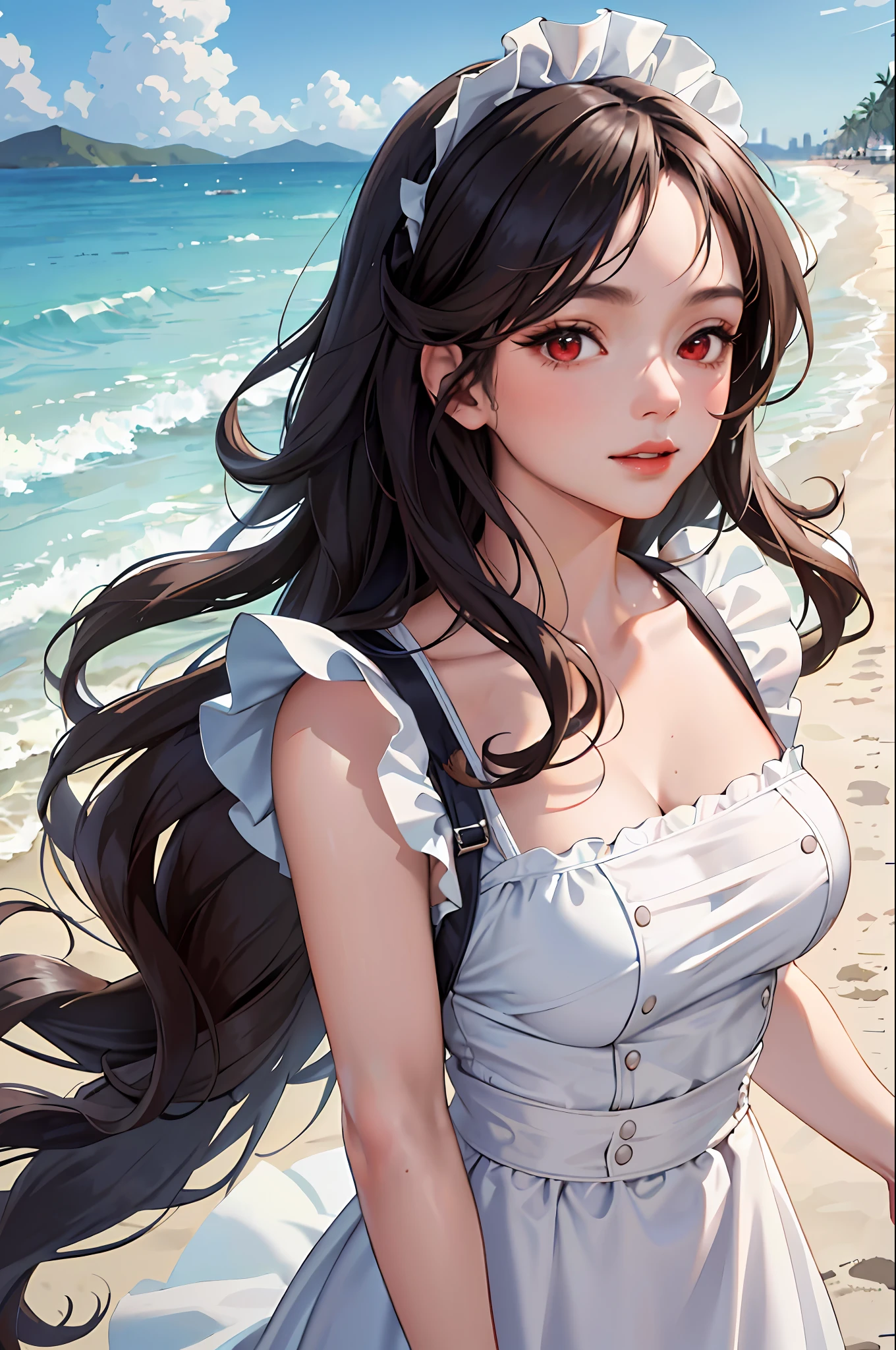 (masterpiece:1.2, best quality), (1lady, solo, upper body:1.2), Clothing: Maid outfit, ((conservatively dressed)), Hair: Loose beach waves, Makeup: Natural, glowing skin, Behavior: relaxed, carefree, free-spirited, Location: Beach, Resort, outdoor festival, red eyes, big bust