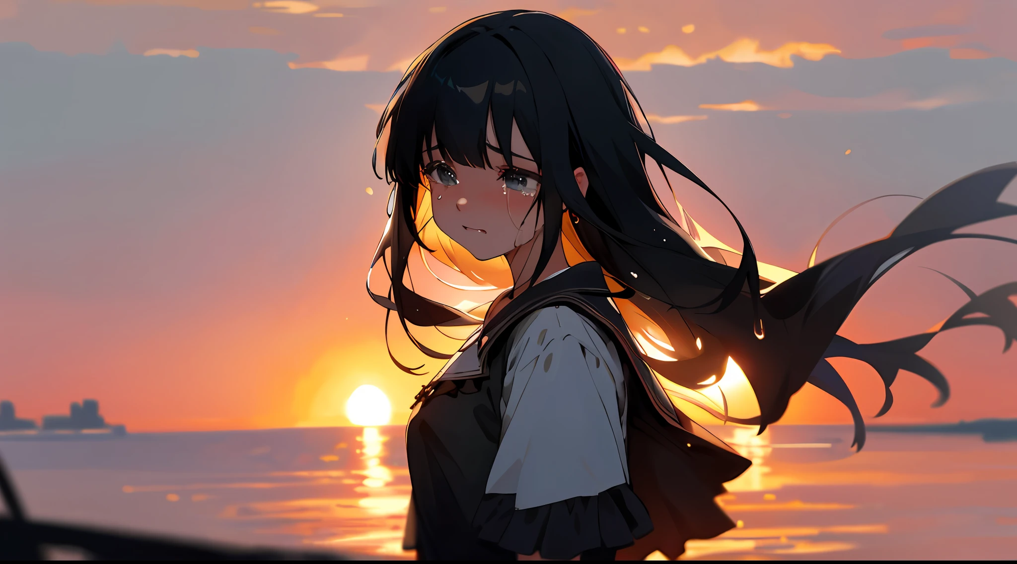 Vista, Panorama, Perspective, Depth of Field, Bust, Upper Body, Cinematic Angle, Masterpiece, Best Quality, Ultra Detailed, CG, 8K Wallpaper, Beautiful Face, Delicate Eyes, A Maiden, Solo, Long Black Hair, Short Sleeves, Shorts, Crying Loudly, Crying, Tears, Crying, Opening Mouth, Crying into Tears, City Background, Sunset, Dusk, Sunset