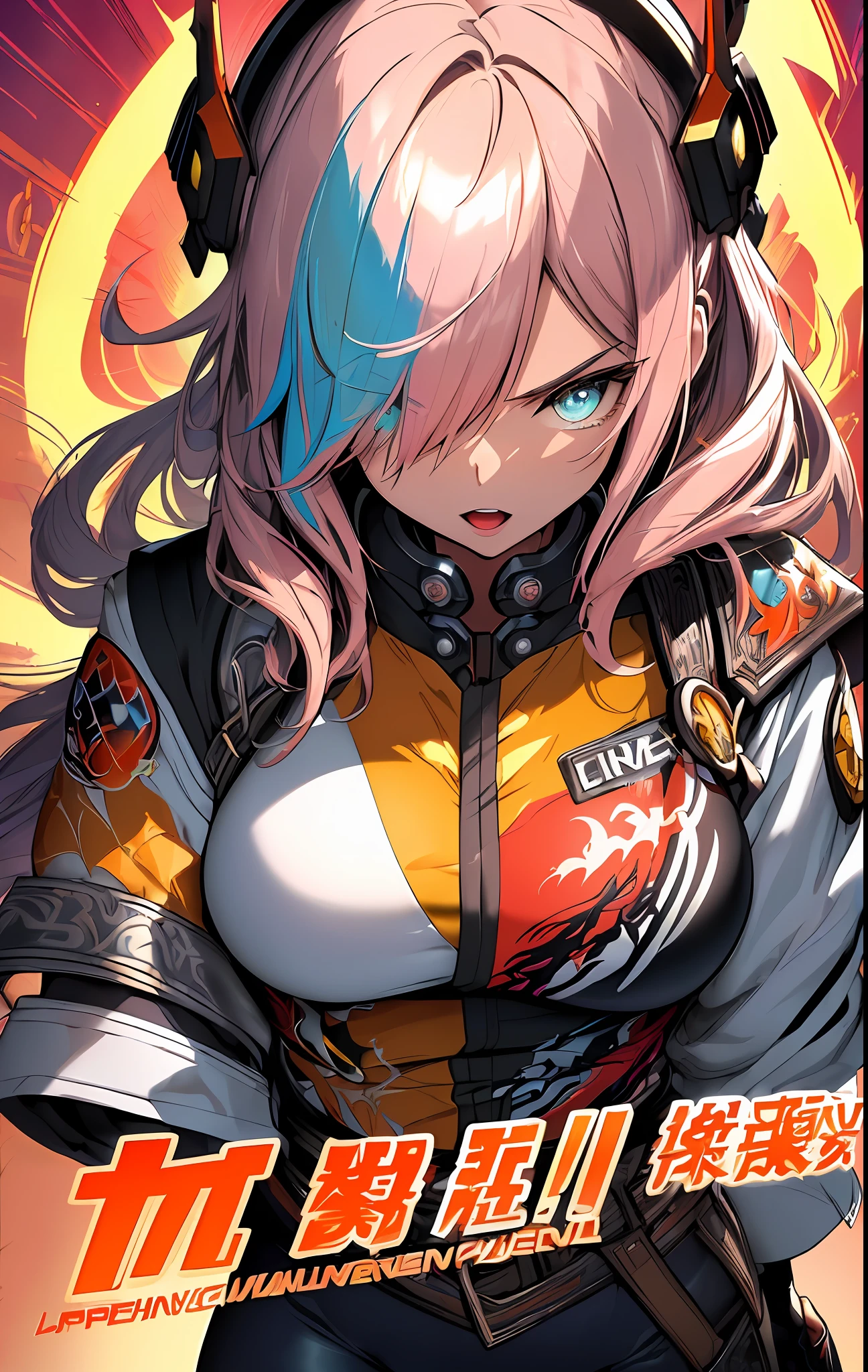 ((((spectacular))) ((heroic)) (((intense))),background, mixed-language_text, Japanese letters in graffit ,girls, excellent lighting, sidelighting, (), vhsKeeper,, style GUILTY GEAR -STRIVE perfect ultimate (flat color: 1.3), (magazine_cover: 1.4), (multicolored_background: 1.3), striped_background, card_background, :: comix style by joe madureira :: circular pieces of white metals glued to the arms coming out shimmering yellow glow, big breast , perfect and detailed, ultra detailed shirt with abstract design and with Japanese letter print in graphite of the sides of the clothing, image of full-body girls fighting next to you with powerful dragons versus alien creature full of tentacles, with immersive effects, hover effect, background style graffiti tribal tattoo with vibrant colors "HDR ultra" detailed and with focus effect, (masterpiece: 1.2, best quality), (finely detailed beautiful eyes: 1.2), , ((Solo)), (Finely detailed eyes and detailed face:1.3), in various full-body attack poses, (cute background: 1.2),futuristic costume, super detailed circular metals Grabbed at arms and pants, fantastic paintings, eyes absolutely, hyper detailed, highest resolution, hair covering eyes, beautiful face, open mouth with a soft pink lipstick, beautiful eyes, vibrant colors, night, digital art of the highest quality, stunning art, 4k,8k,64k wallpaper, HD, incomparable masterpiece, dynamic lighting, cinematic, epic