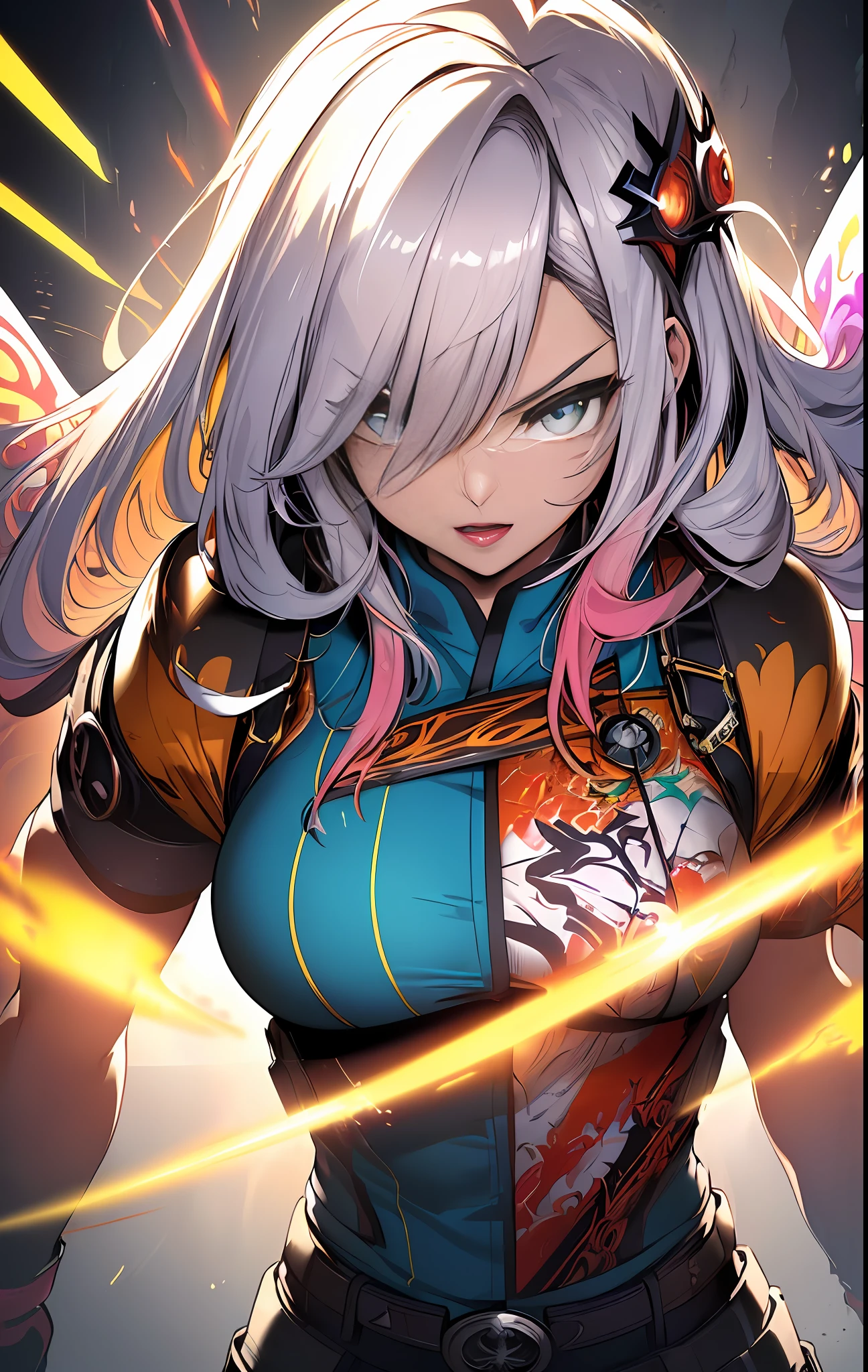 ((((spectacular))) ((heroic)) (((intense))),background, mixed-language_text, Japanese letters in graffit ,girls, excellent lighting, sidelighting, (), vhsKeeper,, style GUILTY GEAR -STRIVE perfect ultimate (flat color: 1.3), (magazine_cover: 1.4), (multicolored_background: 1.3), striped_background, card_background, :: comix style by joe madureira :: circular pieces of white metals glued to the arms coming out shimmering yellow glow, big breast , perfect and detailed, ultra detailed shirt with abstract design and with Japanese letter print in graphite of the sides of the clothing, image of full-body girls fighting next to you with powerful dragons versus alien creature full of tentacles, with immersive effects, hover effect, background style graffiti tribal tattoo with vibrant colors "HDR ultra" detailed and with focus effect, (masterpiece: 1.2, best quality), (finely detailed beautiful eyes: 1.2), , ((Solo)), (Finely detailed eyes and detailed face:1.3), in various full-body attack poses, (cute background: 1.2),futuristic costume, super detailed circular metals Grabbed at arms and pants, fantastic paintings, eyes absolutely, hyper detailed, highest resolution, hair covering eyes, beautiful face, open mouth with a soft pink lipstick, beautiful eyes, vibrant colors, night, digital art of the highest quality, stunning art, 4k,8k,64k wallpaper, HD, incomparable masterpiece, dynamic lighting, cinematic, epic