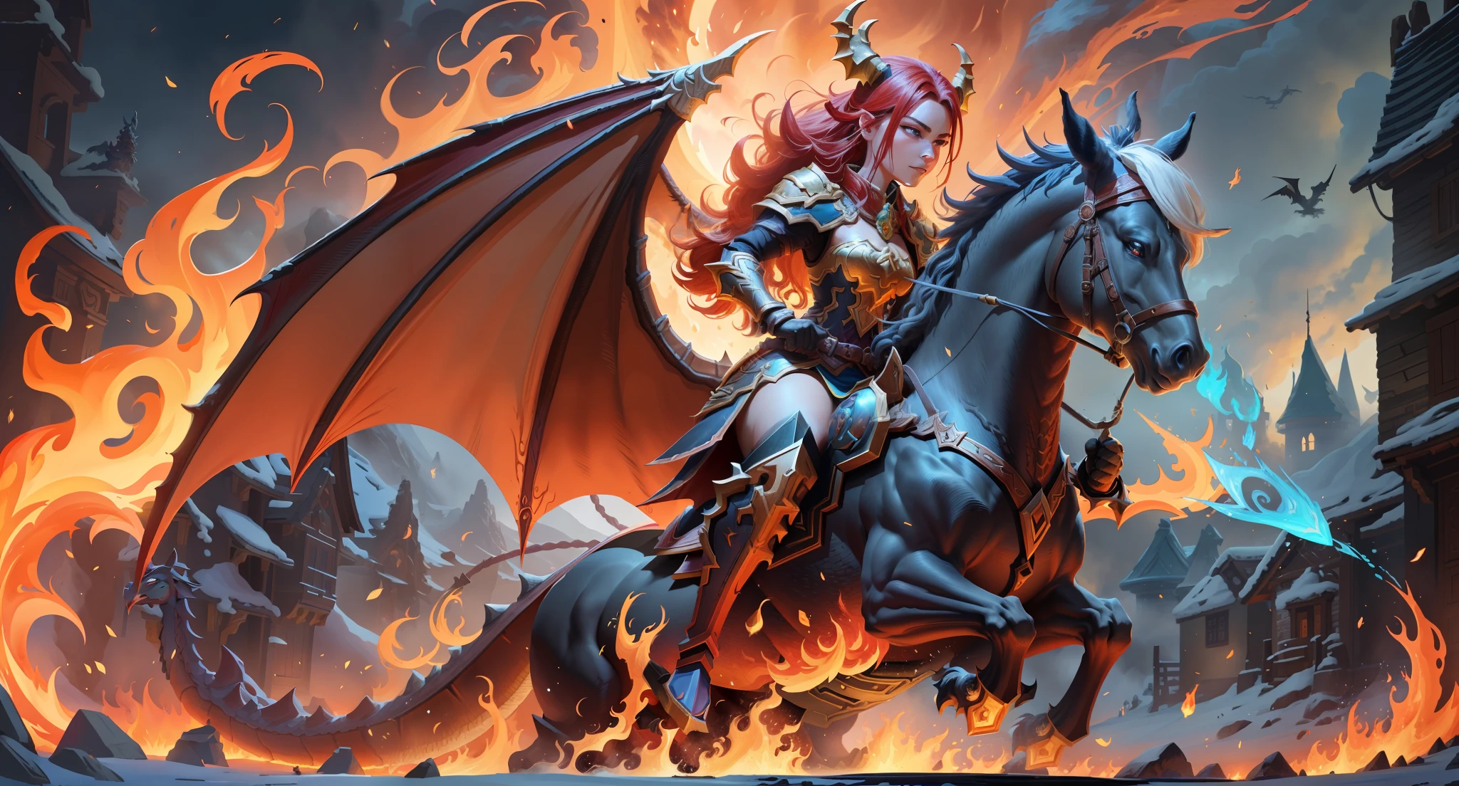 a dragon riding a horse with a fire in the background, lava and fire goddess, hero from dota 2, guildwar artwork, wow 4 k detail fantasy, dota 2 hero, dota, hearthstone art, world of warcraft art, fire mage, blizzard warcraft artwork, hearthstone artwork, phoenix warrior, epic fantasy art style hd, avian warrior, Cenimatic Lighting