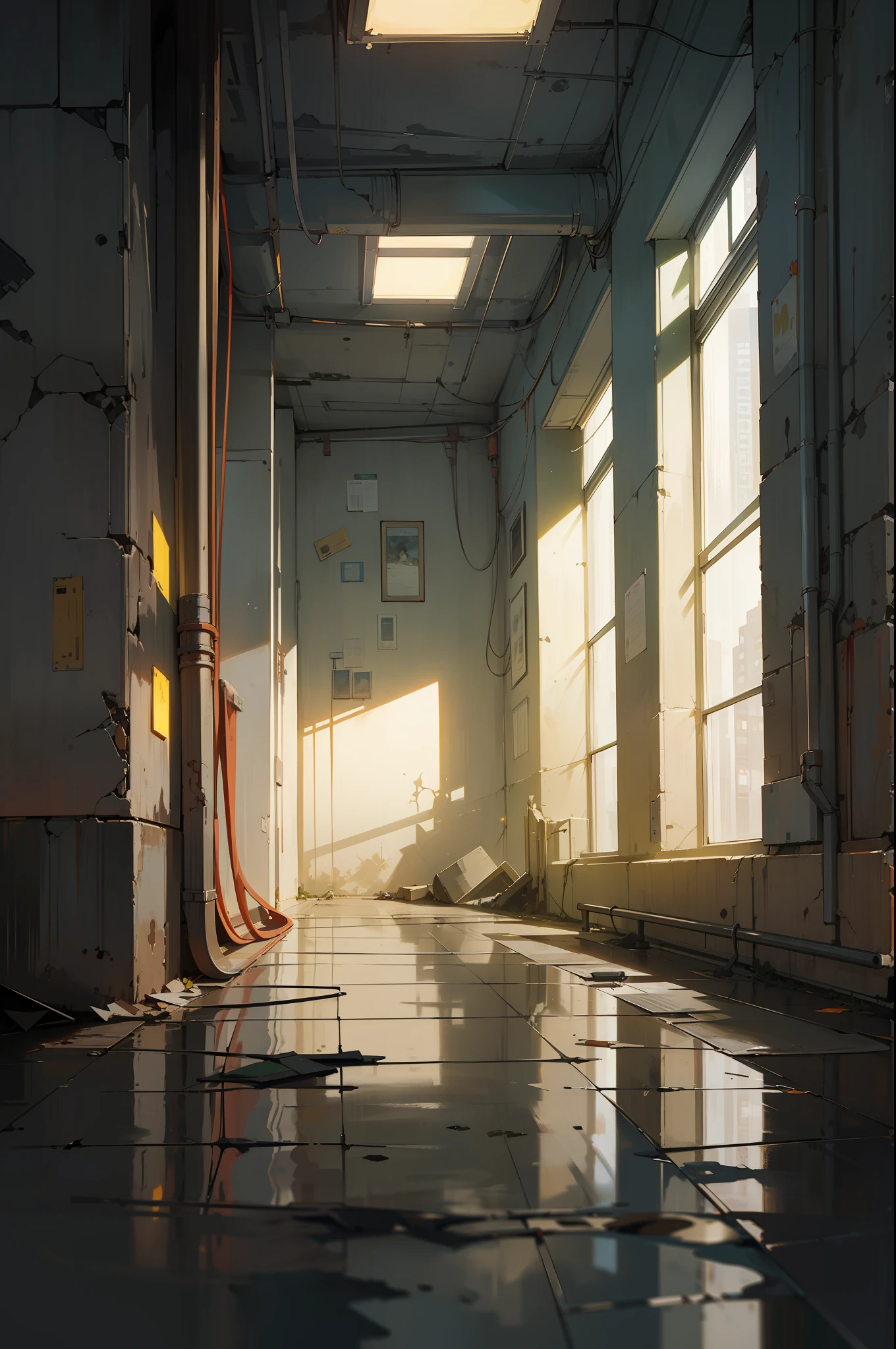 masterpiece, best quality, (an abandoned square in a futuristic city),(suspense environment),(main color: ivory white), (secondary color: metallic black), rust, worn walls, cracks, cables, abandoned boxes, garbage and papers on the floor, pipes, bulbs (volumetric yellow light), window with glass reflecting the environment, ((dense fog)), dust in the environment, wet soil, light reflections on the floor, Very rainy night scenery, dark shadows with lots of contrast