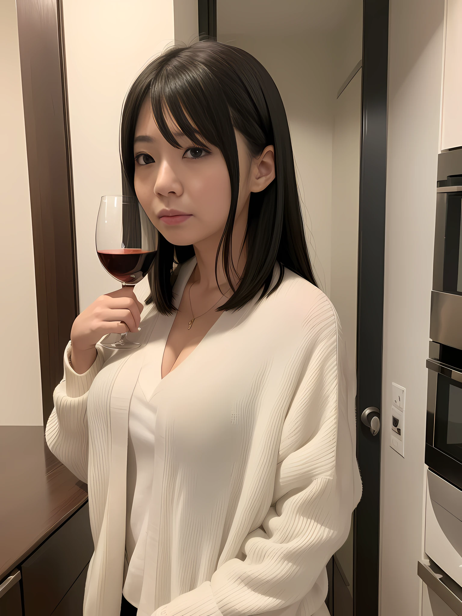 Woman standing in kitchen with glass of wine, live-action movie scene, Nozomi Takemura, advertising image, asian woman, waistshot in Japan apartment, Japan woman, asian woman, black-haired Sui Ishida, asian girl, Japan model, live-action movie still,