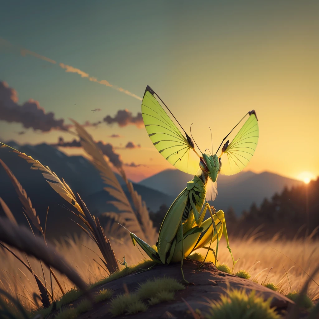 natural green mantis on burnt grass with fire in the background under a yellow sky --auto --s2