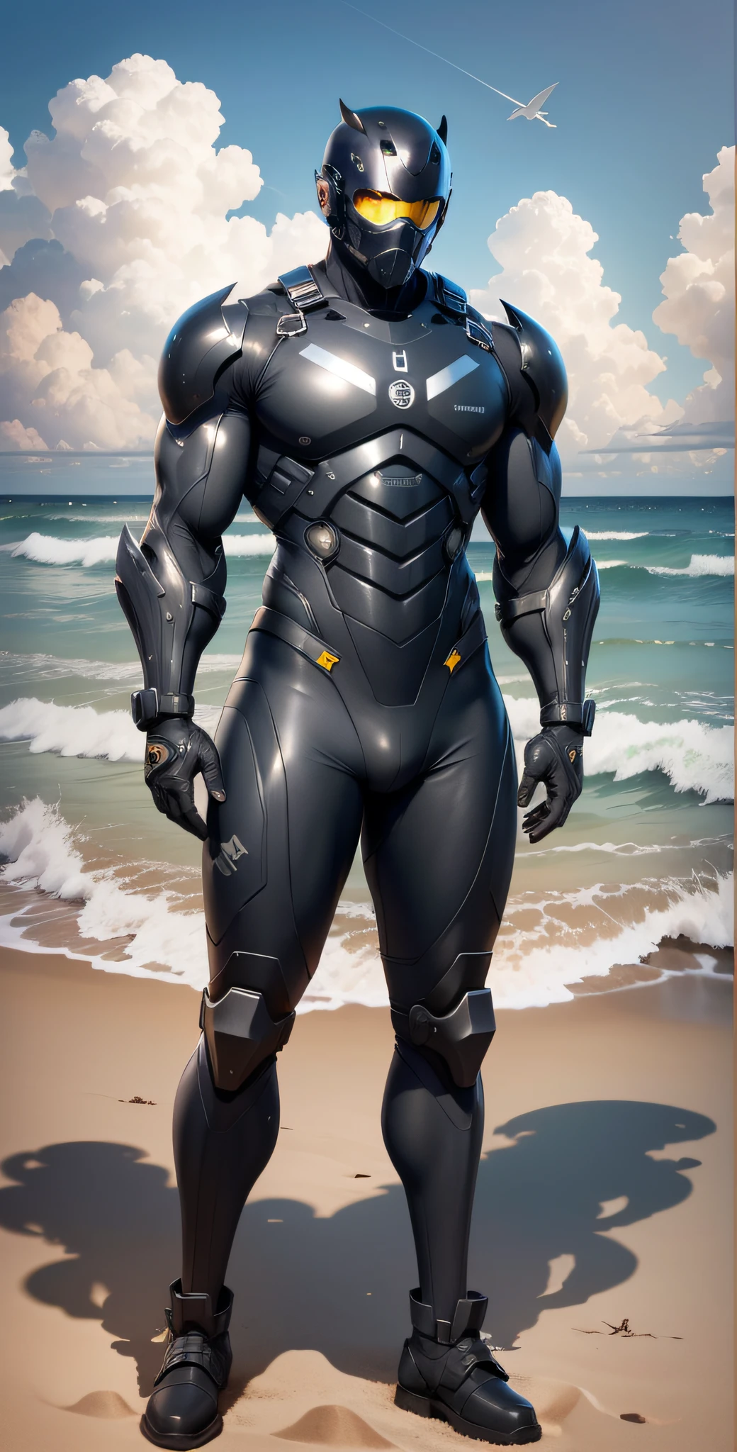 Man in yellow and black clothes standing on the sunny beach, muscular man, American round inch, Buzz cut, muscular! Wearing black sunglasses, mechanical mask, round head Buzz Cut, stealth suit, symmetrical pattern texture design, best picture quality and resolution, character design special forces, black military boots, attractive strong men and armor, weaving sunlight shining through the clouds on the body, Li Xiaoxiao