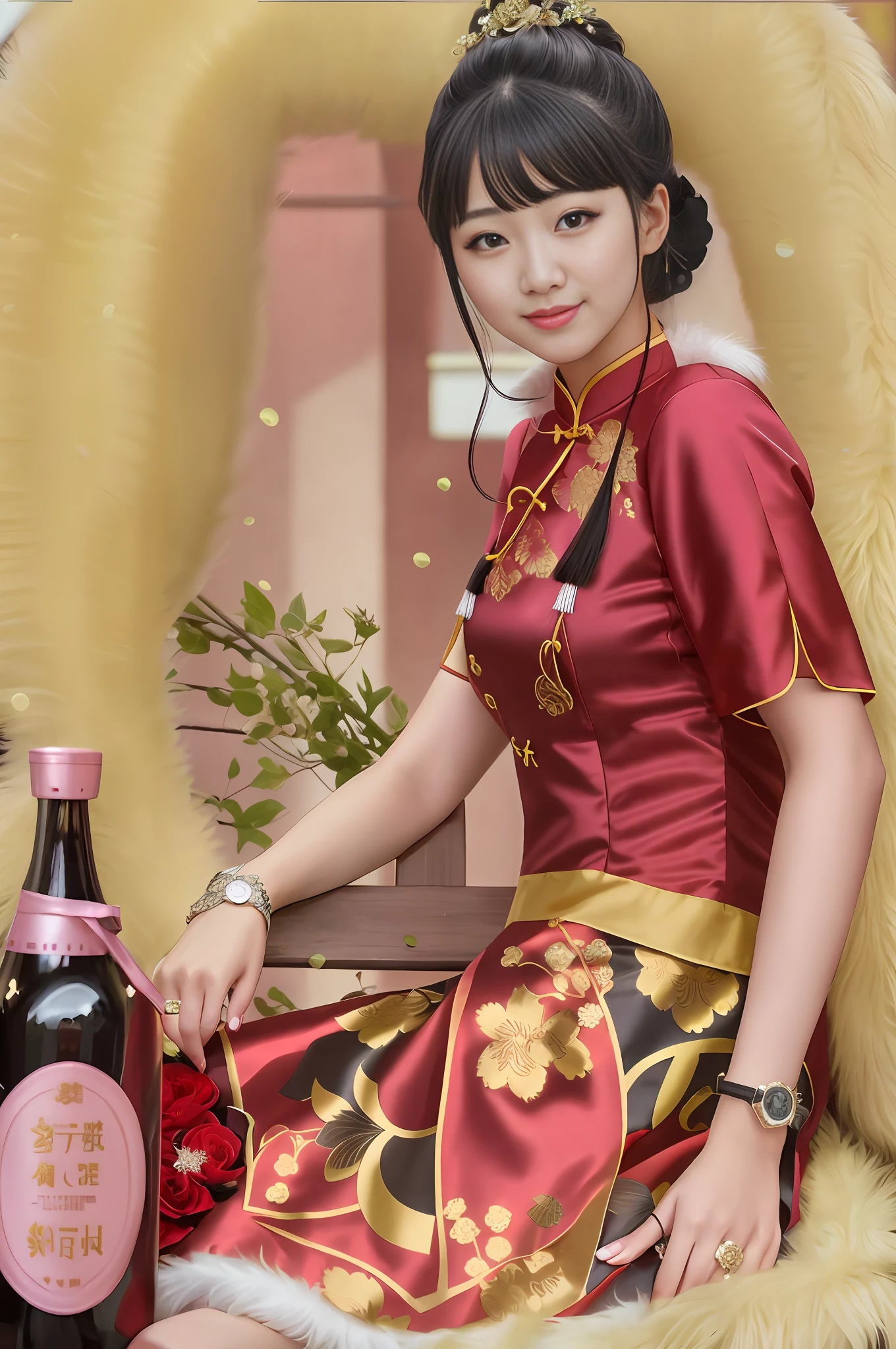 (Reality:1.4), Best Quality, Ultra High Resolution,
4K， Instagram，
Very detailed,
1 girl,
(fur: 1.4), intricate details cheongsam,
Long hair, bangs,
Black hair, black eyes,
smile