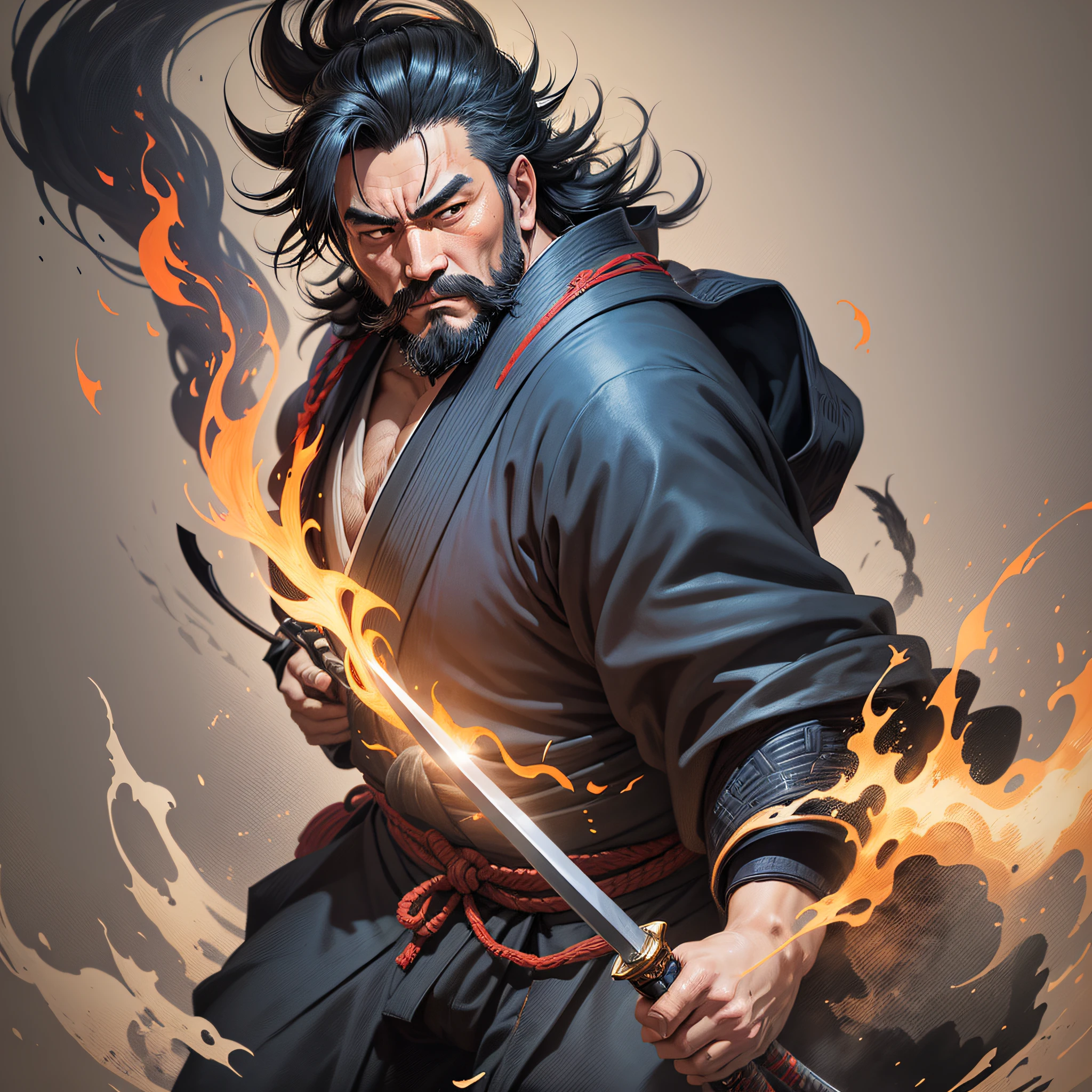 It is a full-body painting with natural colors in the style of ukiyo-e. Miyamoto Musashi is a Japan samurai with a large body like a strongman. He has a rough face, short black hair, and a short, trimmed beard. He is a righteous samurai who fights evil. He wears a black kimono. The hakama should be a little longer and draw in a flowing shape that flutters in the wind. He holds a sword in his right hand with flames coming out of his Japan sword. The background is a swirling flame in Katsushika Hokusai style. Masterpiece high-resolution ukiyo-e style, with the highest quality
