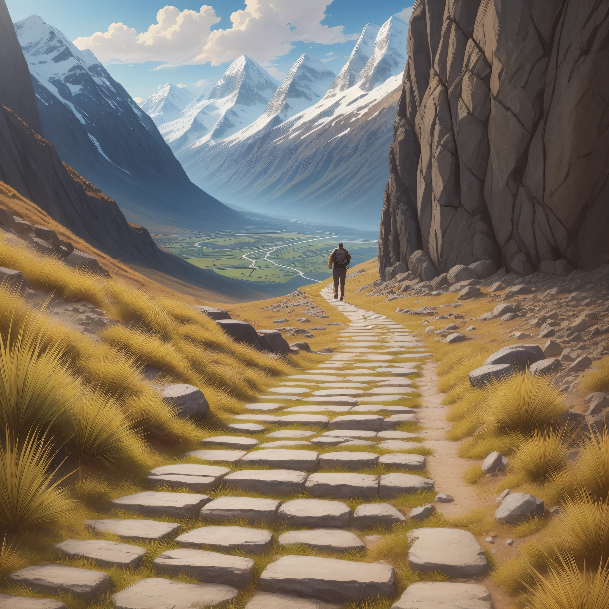 "Draw a picture that represents a path full of obstacles and challenges, with an arrow pointing to a mountain of financial goals, symbolizing the journey toward success inspired by clear and tangible goals."