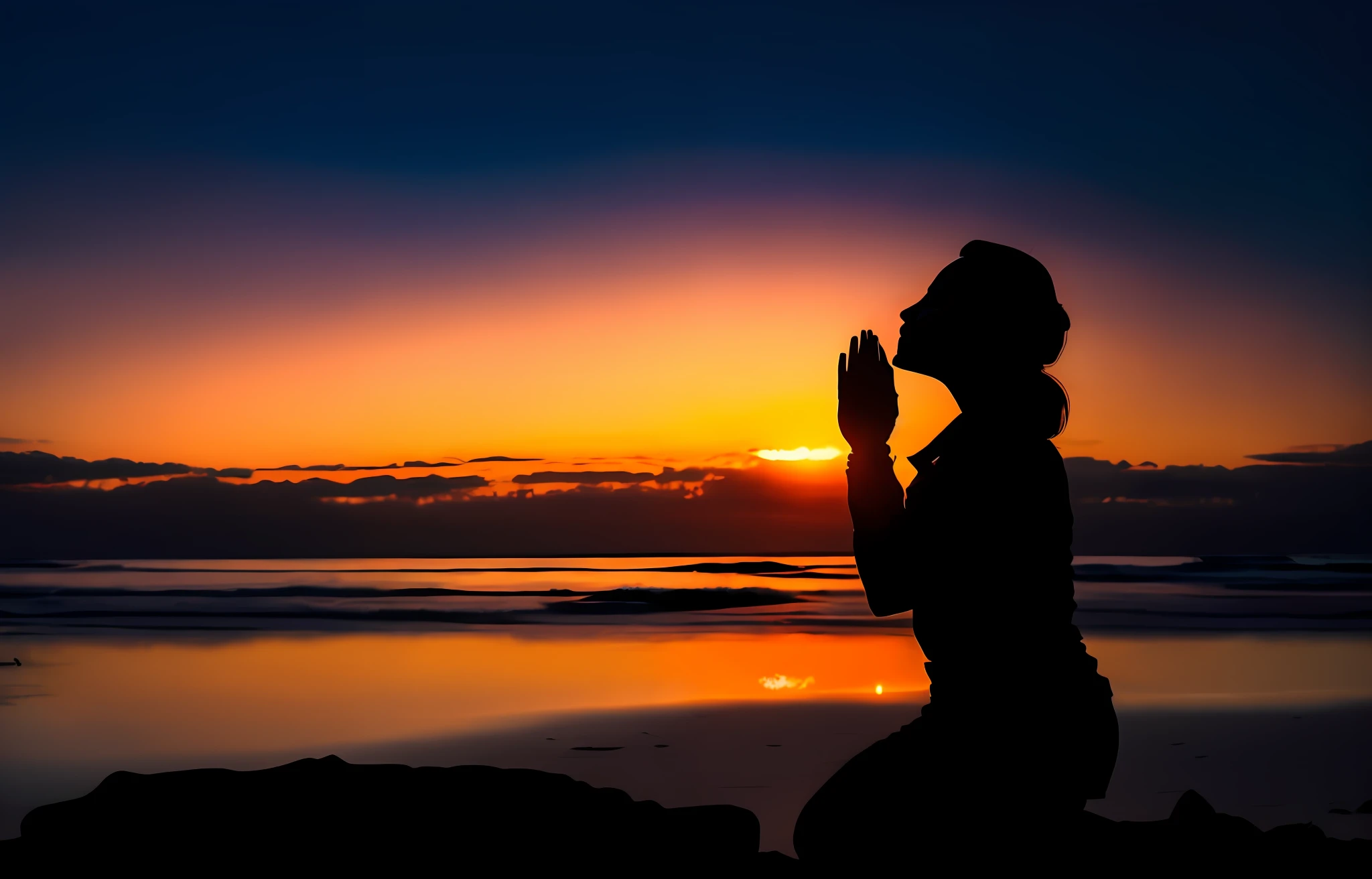 Silhouette of woman praying on her knees on beautiful beach at sunset, hands clasped together in prayer