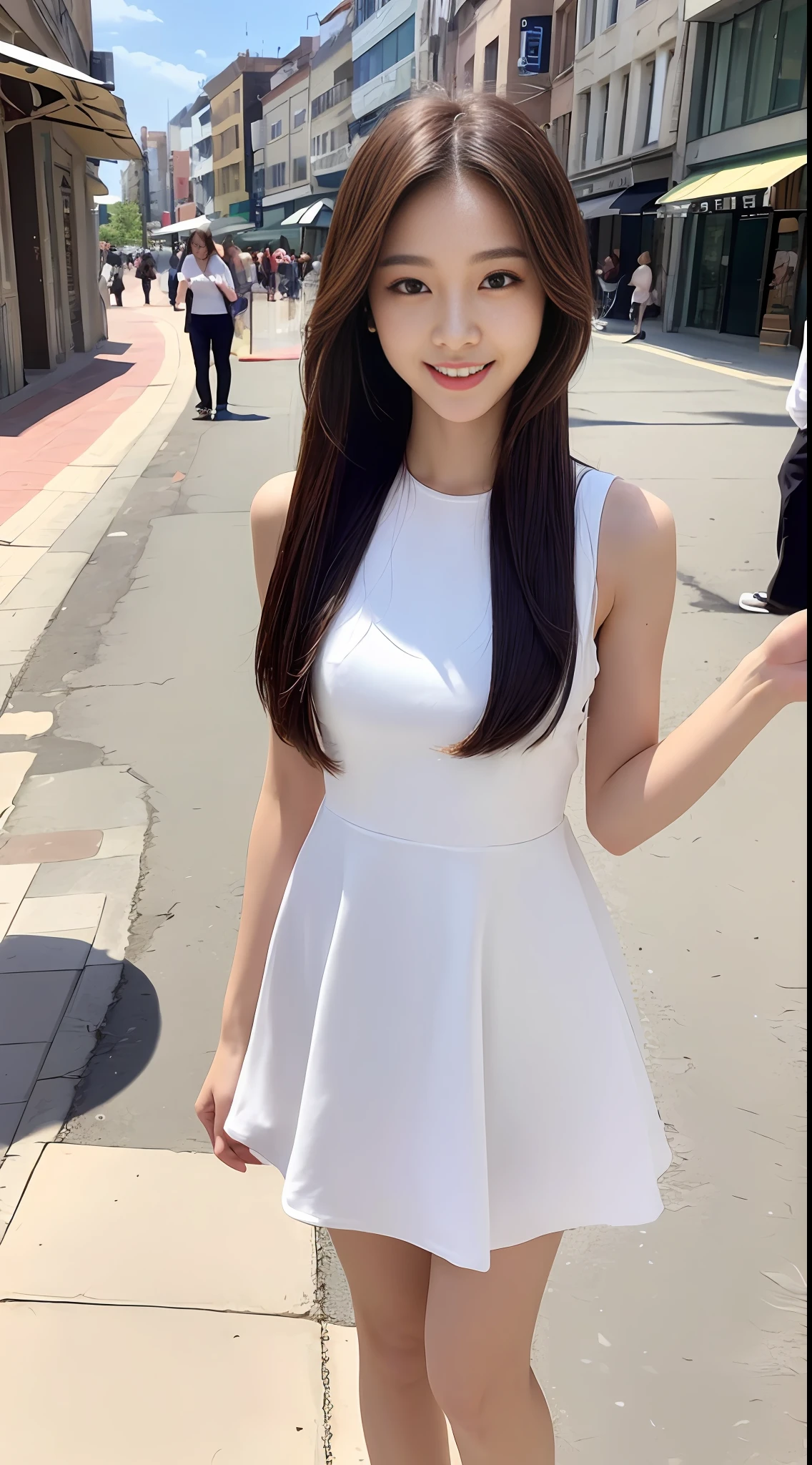 ((Best Quality, 8K, Masterpiece: 1.3)), 1girl, Slender Beauty: 1.3, (Hairstyle Casual, Full Body: 1.2), White Dress: 1.1, Super Fine Face, Fine Eyes, Double Eyelids, Smile, Street, Background Blurred