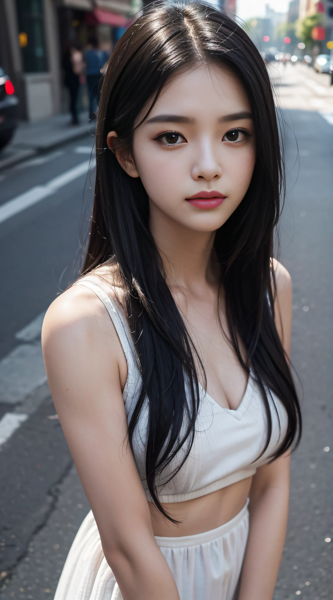 Masterpiece, highest quality, crazy details, exquisite facial portrayal, ((casual wear)), 8K resolution, delicate face, cute peerless beauty, delicate and translucent eyes, silver messy long hair, on the street, (brilliant light and shadow), soft focus, real shadows, 8K HD, upper body close-up, depth of field, beautiful smooth collarbone, medium chest, ultra clear, FROM ABOVE