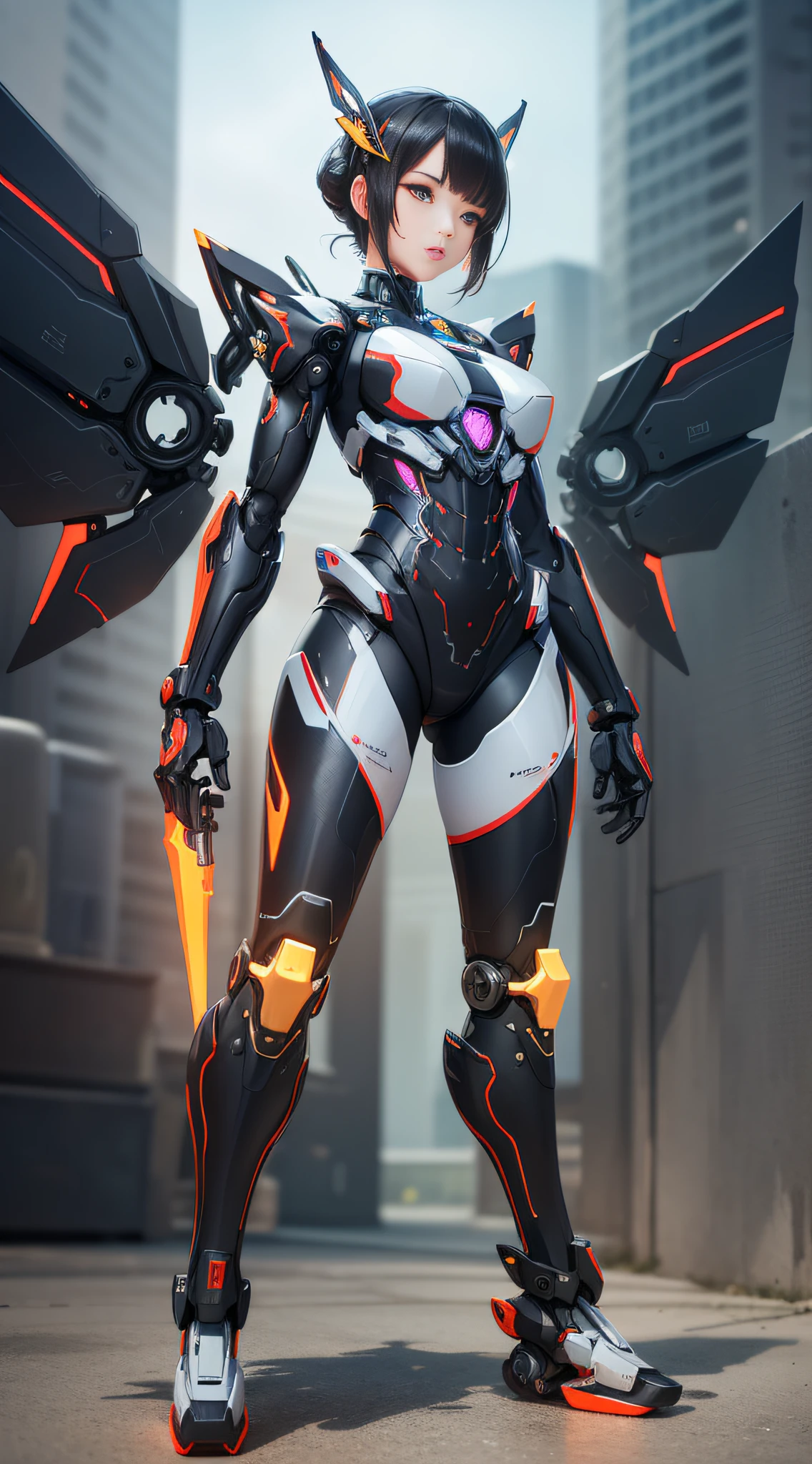 1 Mechanical Chinese Girl, Asian Girl, Clear Face, Face Optimizer, (Super Realistic Details), Carbon Fiber Mech, Bright Mecha, Perfect Blend of Any Mechanics, Full Body Shot, Global Illumination, Octane Rendering, 8K, Cool Mech, Carbon Black and Chinese Red Mixed Mecha, Metallic, Complex, Decoration Detailed, Cold, Cool Color, Highly Complex Details, Realistic Pipeline, Face the Camera, Look at the Audience, Neon Detail, Mechanical Limbs, Mechanical Vertebrae, Mechanical Cervical Vertebrae Attached to the Neck, Bright Colors , hypersaturated colors, digital art, realism style, metal wings