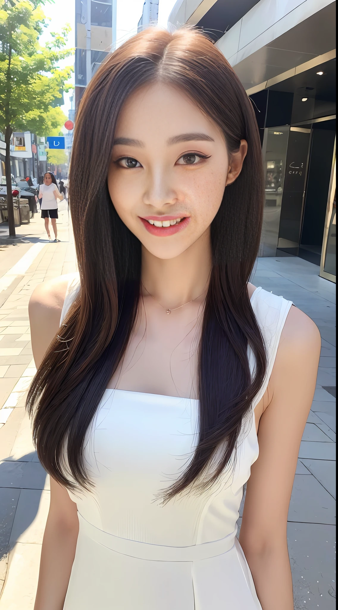 ((Best Quality, 8K, Masterpiece: 1.3)), 1girl, Slender Beauty: 1.3, (Hairstyle Casual, Full Body: 1.2), White Dress: 1.1, Super Fine Face, Fine Eyes, Double Eyelids, Smile, Street, Background Blurred