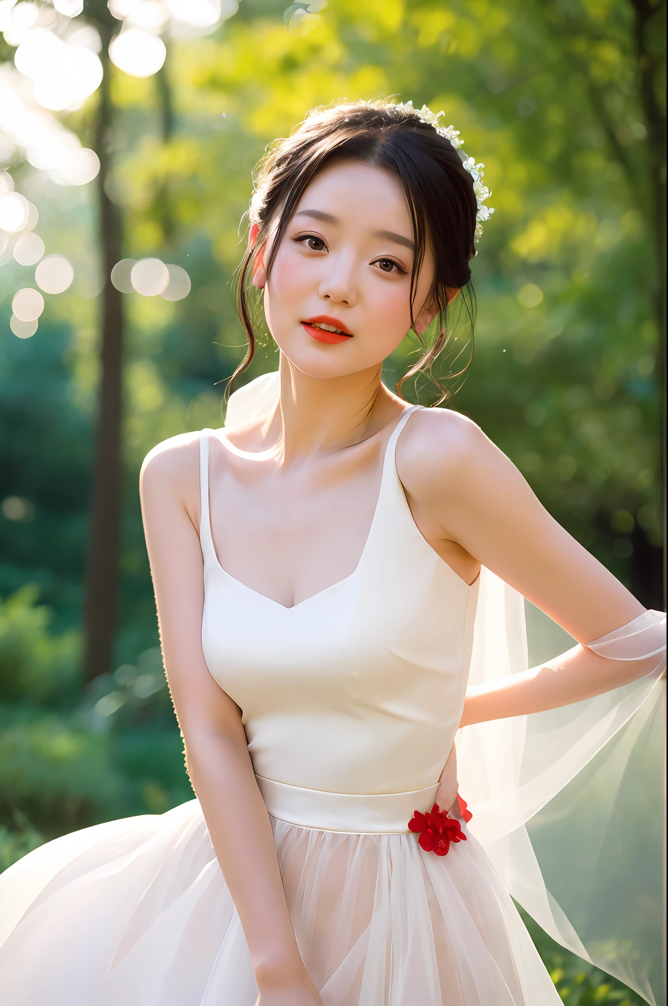 red wedding dress,white mini skirt,(sweat:0.7),woman in forrest,japanese,cute face, exotic face,bare shoulders,shoulders all exposed,translucent skin,black eyes,black hair,(photorealistic:1.4),realistic details, high resolution,bokeh,outstanding details
