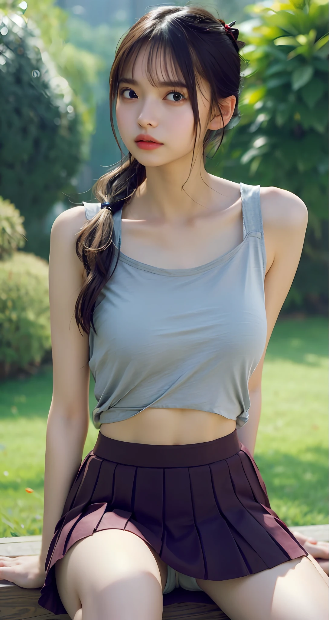 skirt lift,((Top Quality, 8k, Masterpiece:1.3))), nsfw2.5,cameltoe,see through,underboob,Torn clothes:1.5,school uniform,Miniskirt,Openlegs:1.5,Seated,1 girl, beauty with slender abs: 1.3,(dark brown hair, ponytail, Big: 1.2), Wet Body: 1.2, Super Detail Face, Detail Eyes, Double Eyelids, Tank Top, Shirt Lift,