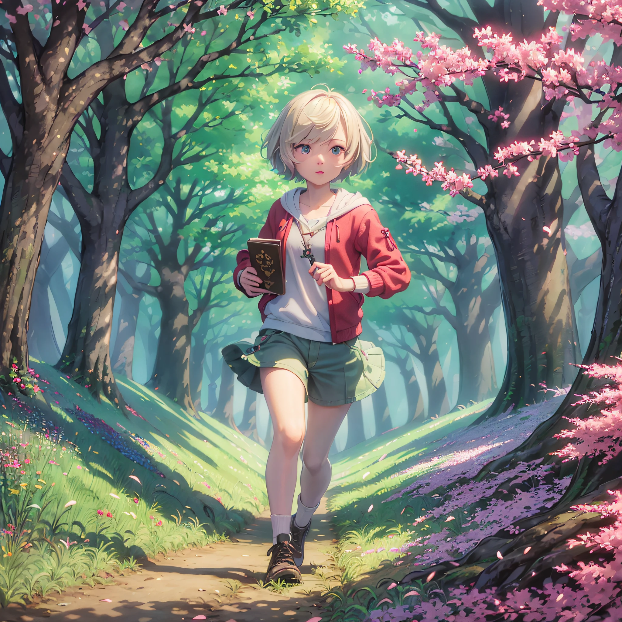 /imagine prompt: A girl running in a deep forest full of cherry blossoms, bright and moving eyes, short hair, high definition, with this little white pet beside her, enamel pin, aluminum, adventurecore, commercial art, bokeh, animal crossing --auto --s2