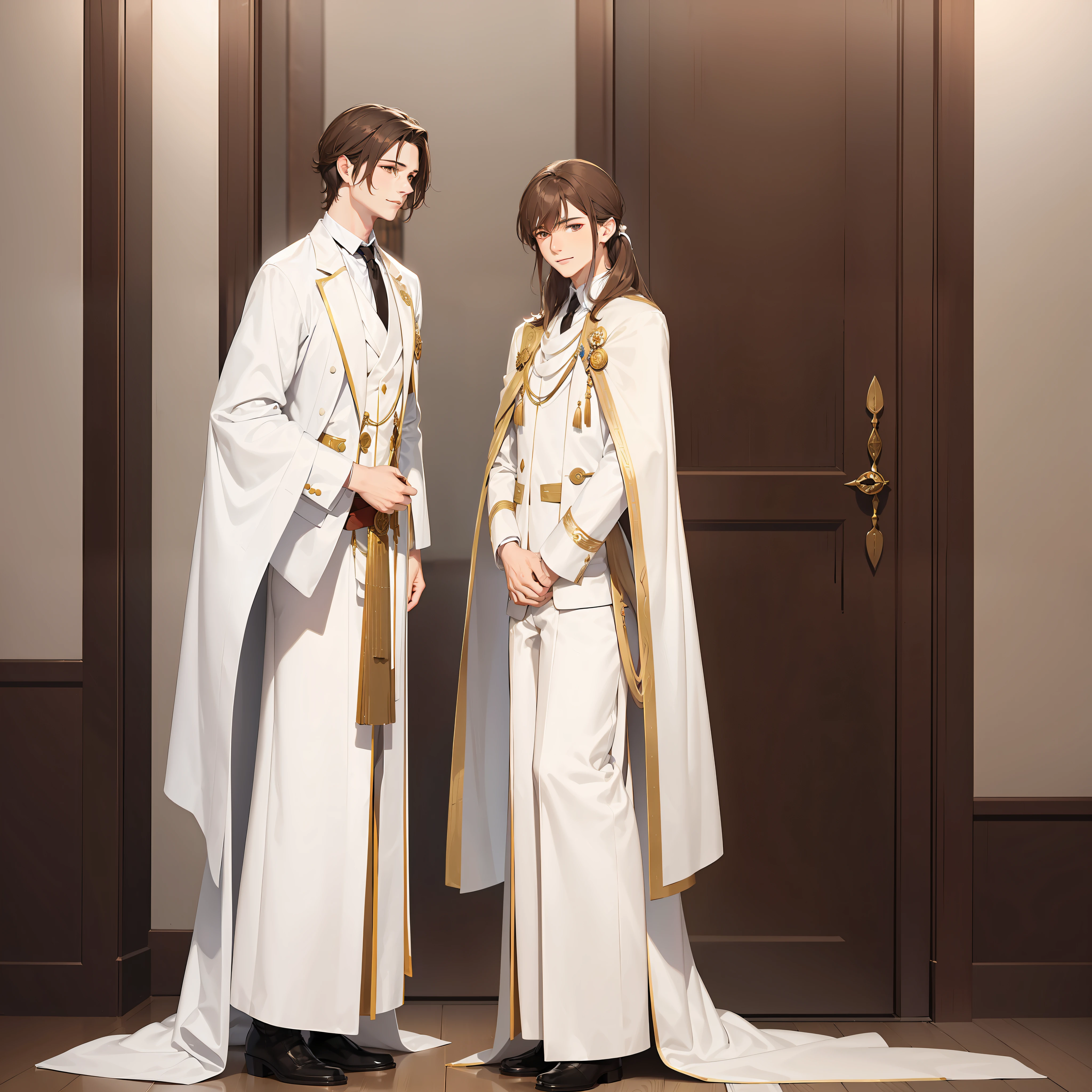 1 young male, wearing a long white and brown tail, wearing a flowing white tuxedo, brown eyes, single character full body, tall (wearing aristocratic robes), gentle, smiling, western fantasy see, tie, brown hair, oblique bangs, hair long and short on one side