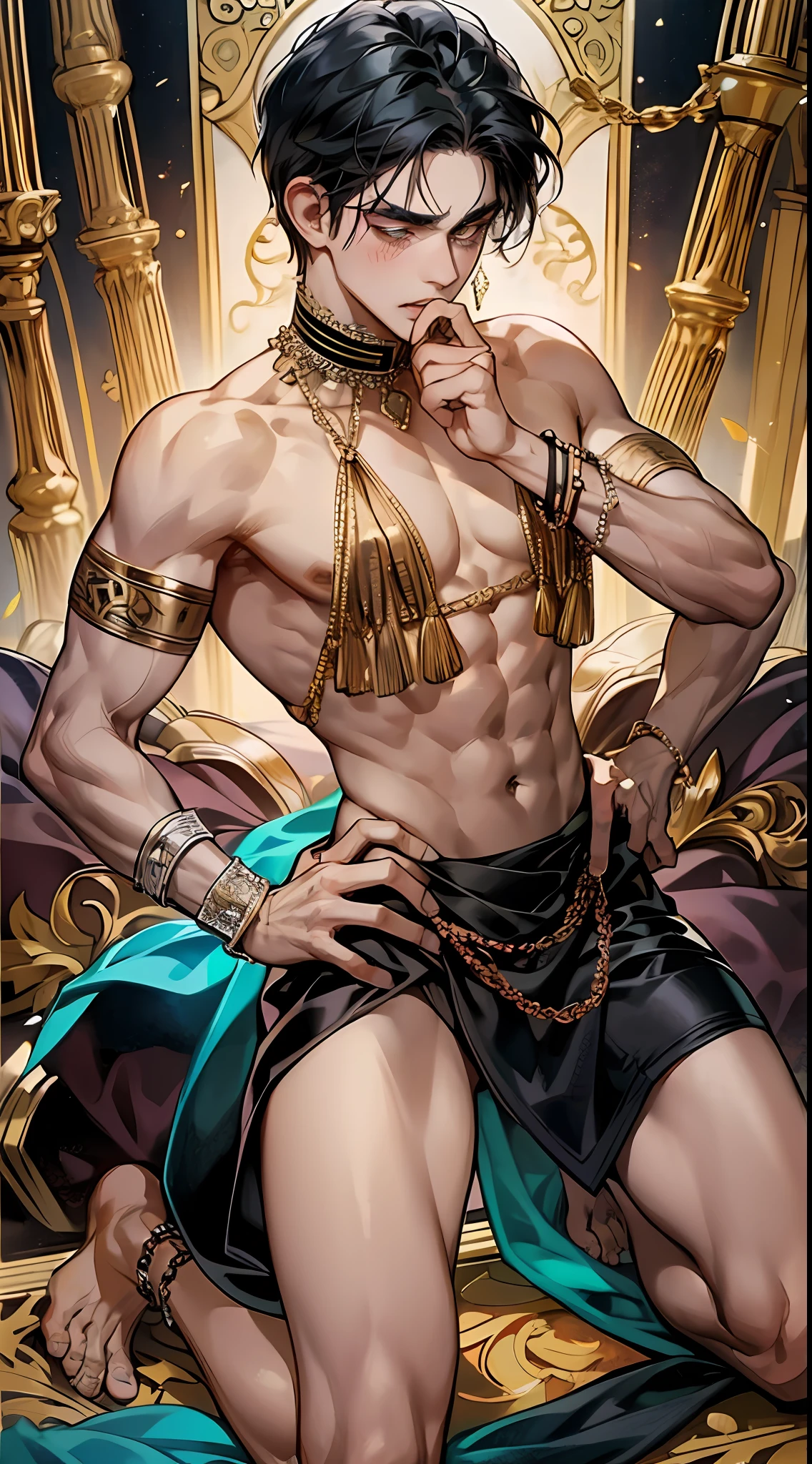 Black Skin, No Top, Young Men, 1boy, Male, Manly, Prince of Persia, Leaky Waist, Jewelry, Brilliant, Long Curls, Black Hair, Dark Skin, Emerald Eyes, Gold Waist Chain, Armband, Thin Waist, Bare Legs, Barefoot, Anklet, Bracelet, Ring, Dynamic Pose, Dramatic Composition, Carpet, Wounded, War Damage, Bleeding from the Corners of the Mouth, Kneeling, Carpet, Chain, Collar, Cage, Laughter, Blush, Close Up, Extreme Detail, High Definition