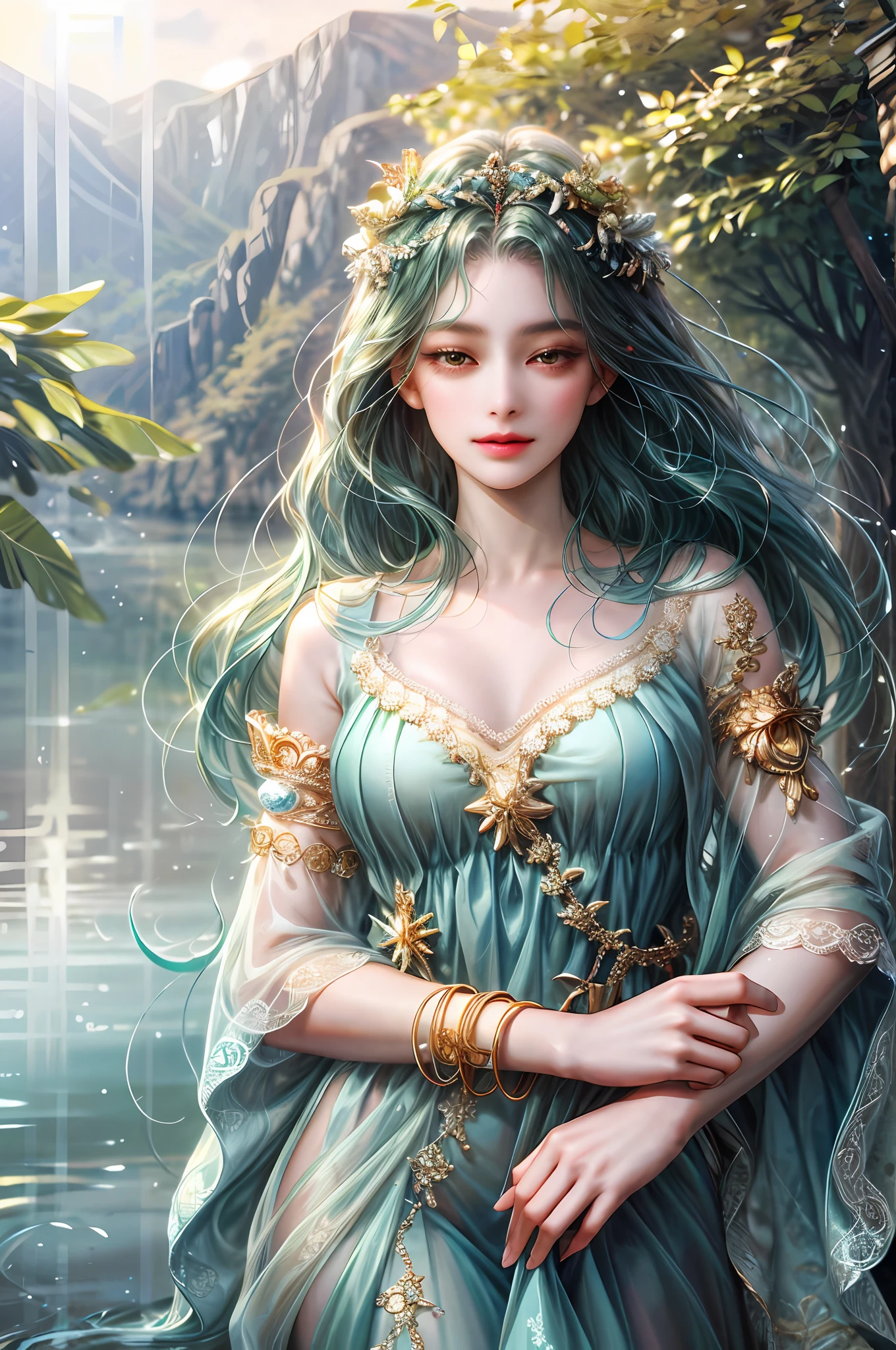 ( High quality , ultra detailed, careful with hand )Zodiac - Virgo goddess , similar to latin goodness , Efficient, industrious, calm, altruistic, adaptable face , Highly sensitive, over-critical, materialistic style ,  deep brown eyes (eyes detail) , mist-green hair , transparent dress , in the ocean with trees and flowers , whole body , make up look , like a earth goddess. With nature
