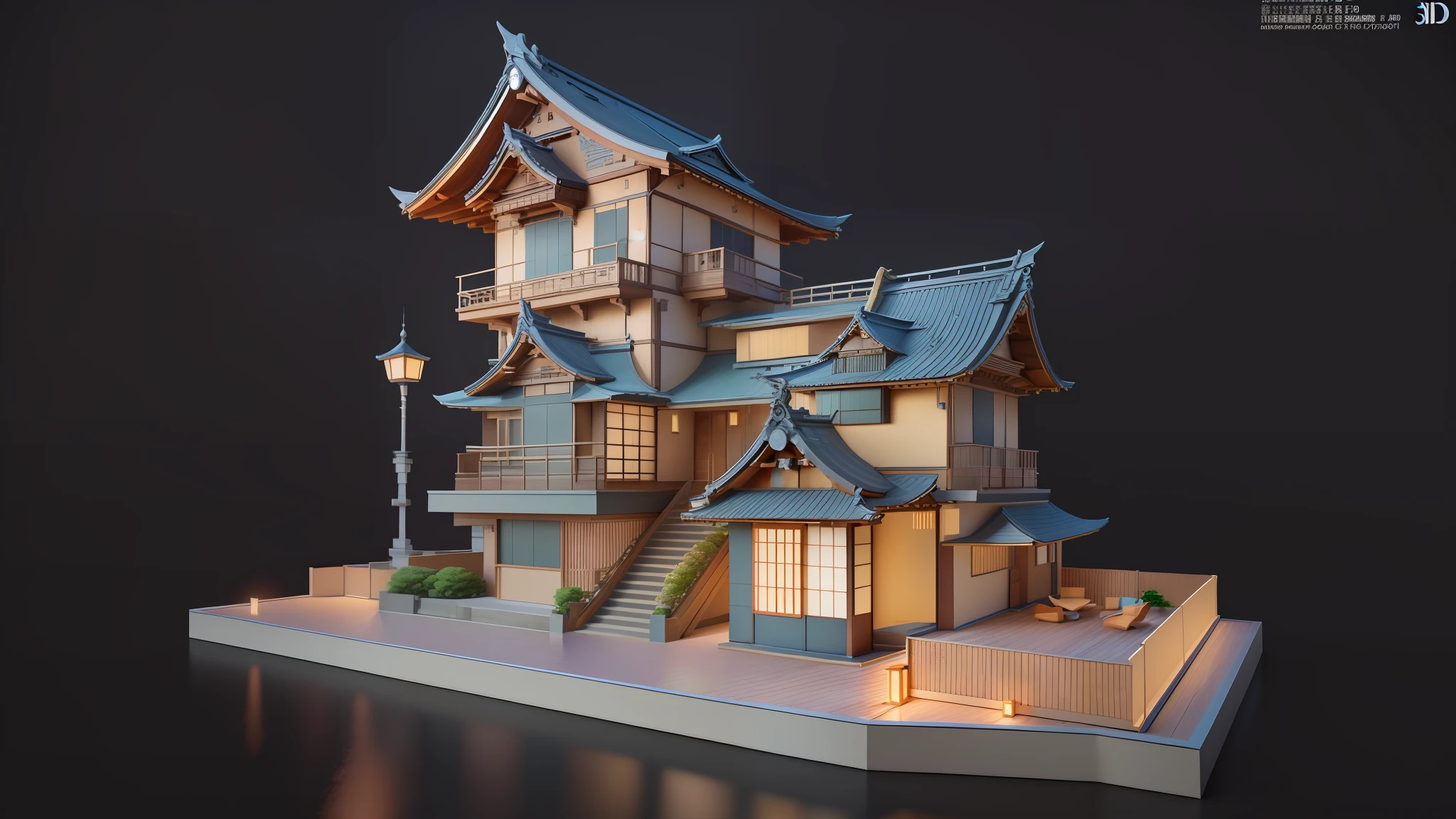 Aalfed model of house with stairs and balcony, Japanese house, fully detailed rendering, 3 D rendering stylized, inspired by Toshi Yoshida, stylized 3d rendering, high detail, highly detailed rendering, very detailed rendering, stylized to 3d rendering, japonisme 3 d 8 k ultra-detailed Pixar, anime style, cinematic lighting, UHD, masterpiece, high details, high quality, award winning --auto --s2