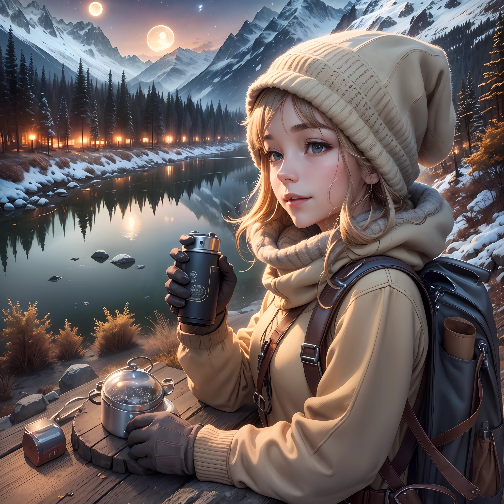 1 woman ((upper body selfie, happy)), masterpiece, best quality, ultra-detailed, ground, outdoor, (night), mountains, nature, (stars, moon) cheerful, happy, backpack, bag sleeping bag, camping stove, water bottle, mountain boots, gloves, sweater, hat, lantern, forest, rocks, river, wood, smoke, shadows, contrast, clear sky, style, (warm hue, warm tone): 1.2), close-up, cinematic light, side lighting, ultra high resolution, best shadow, RAW, upper body, old man, wearing pullover --auto --s2