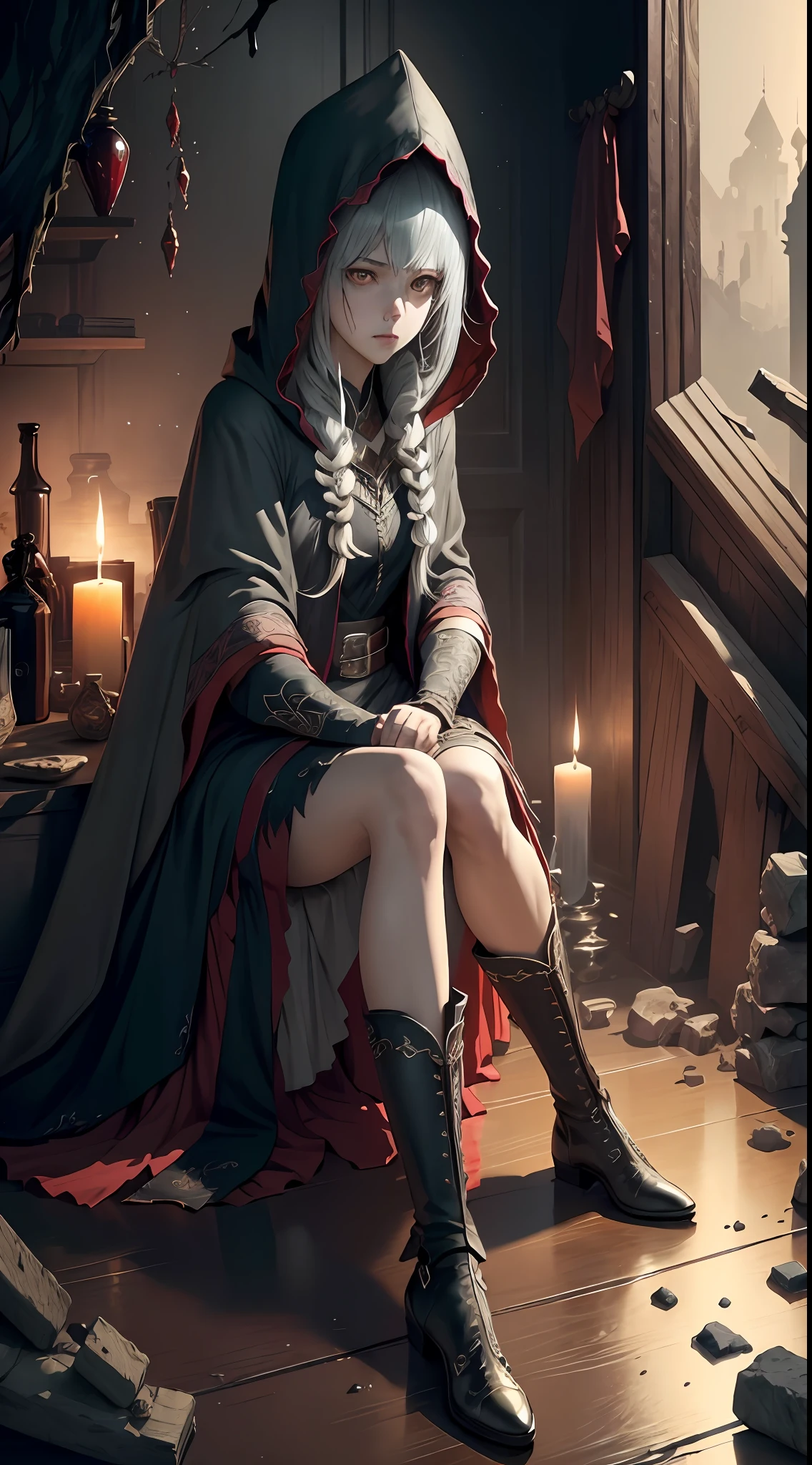 (extremely detailed CG unity 8k wallpaper), (masterpiece), (best quality:1.2), (highres), (illustration:1.1), (cinematic light:1.1), finely detailed, intricate details, (best illustration), 8k resolution, intricate details, best quality, realistic, ultra-detailed, best illumination, best shadow, ultra-HD, cryengine, ultra hd, (detailed reflection), detailed shadows, (((intricate details))), smooth, ((perfect shading)), high quality metal texture, metallic luster, highly detailed illustration, (semi realistic:1.6), (wide_shot:1.2), (from below, dutch_angle), dutch angle,(face to below knee:1.3), ((dark)), dark_fantasy, dark basement indoors, bookshelf, potion, gem, bottle, animal skull, plant, candle, yuri, 2girls, alchemist, skinny, grey hair, yellow eyes, hooded cloak, robe, complicated background, dynamic camera angle, blood rain behind, (warzone), (((high quality detailed ruins))), (depth of field), ((cinematic lighting)), ((horror)), ((dark fantasy)), lovecraftian, spot color, monotone, red, splashing blood, (best illumination), (hyper intricate details), ((ultra-detailed)), 4k unity, (extremely detailed CG:1.2), (8k:1.1), ((landscape view)), Artstation, ((by sui ishida, by Wenjun Lin, by stefan morrell)), dark fantasy art, ((semi-realistic)), (realism), (dynamic)