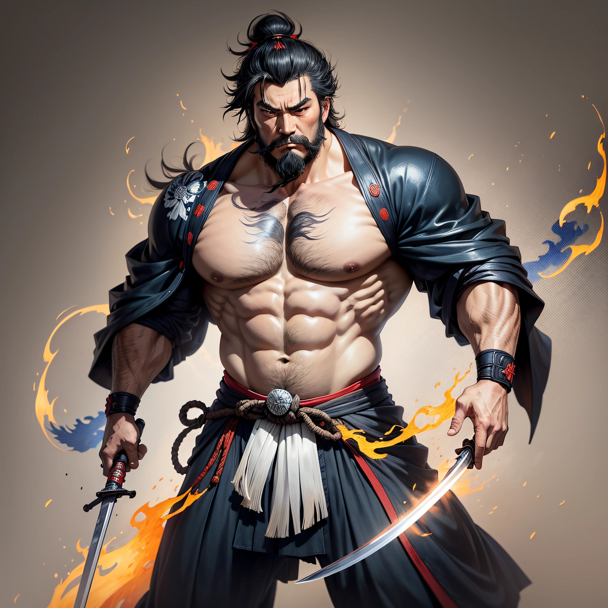 It is a full-body painting with natural colors in the style of ukiyo-e. Miyamoto Musashi is a Japan samurai with a large body like a strongman. He has a rough face, short black hair, and a short, trimmed beard. He is a righteous samurai who fights evil. He wears a black kimono. The hakama should be a little longer and draw in a flowing shape that flutters in the wind. He holds a sword in his right hand with flames coming out of his Japan sword. The background is a swirling flame in Katsushika Hokusai style. Masterpiece high-resolution ukiyo-e style, with the highest quality