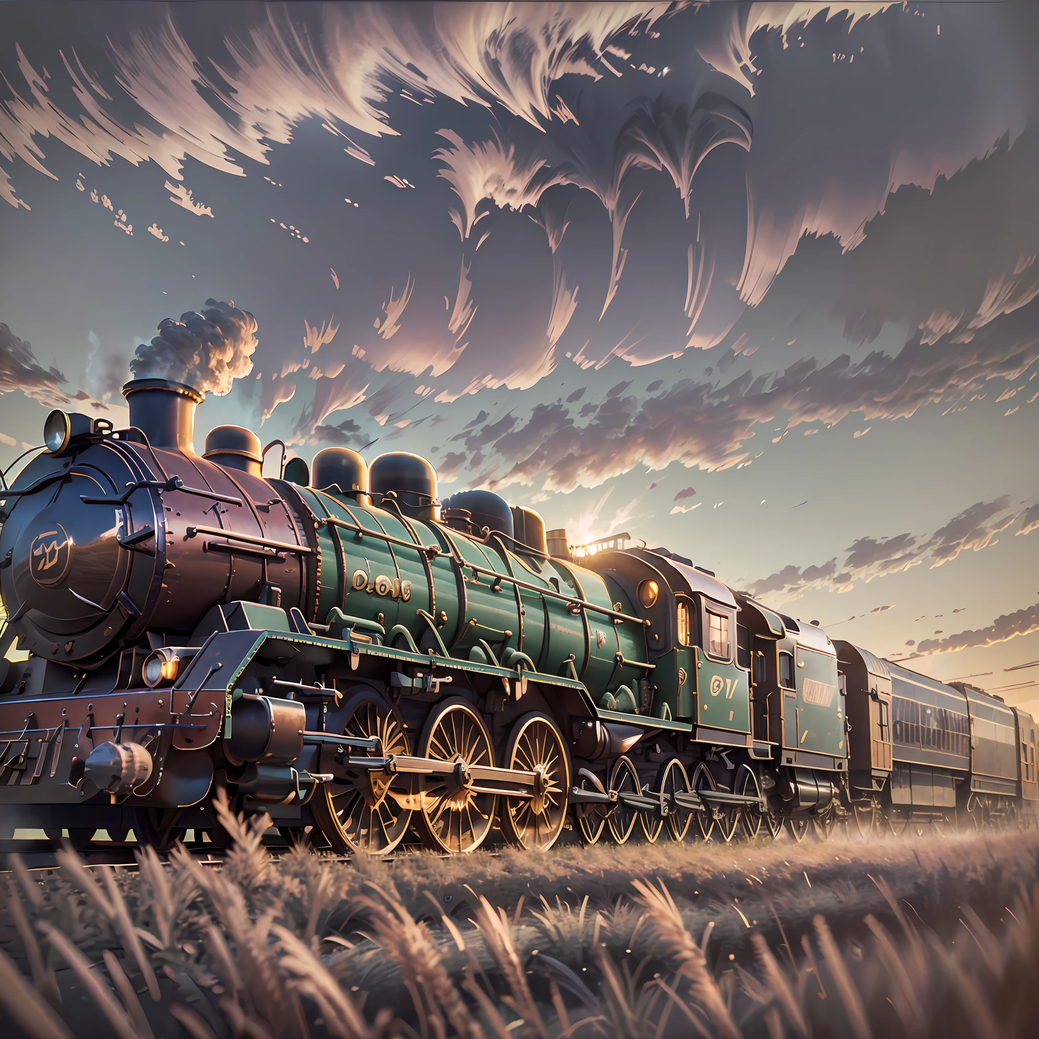 steam locomotive on a backeground of clouds at sunset, 3d rendering, dreamy light, confort light, highlight bloom light, dreamy color, realistic, photographed whith a Phase One whith 16mm, detailed, front view, amazing photo advertsing light --ar 16:9-- --auto --s2