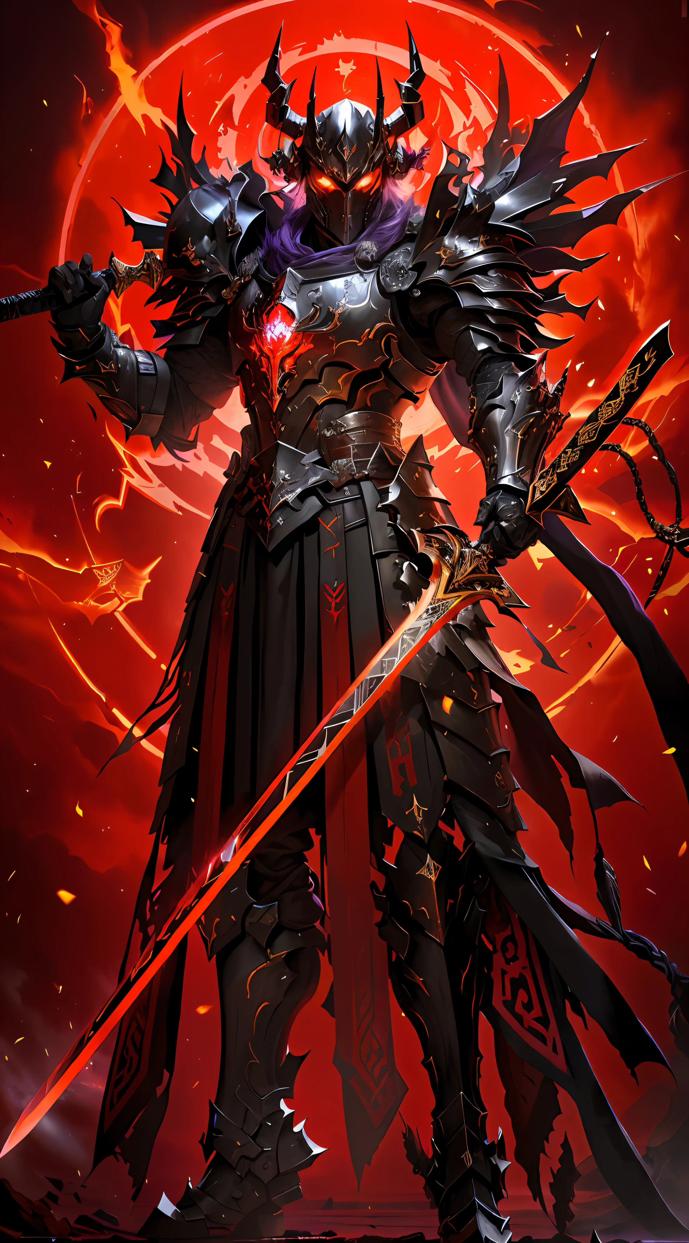 Close-up of a man holding a sword and armor, purple armor, black purple armor, purple demon armor, black fire reflective armor, demon warrior, blood knight, heavy armor and sword god of war, dragon knight, demon warrior, black and purple reflective armor, ruler of hell, Yang J, purple armor, king of cinder