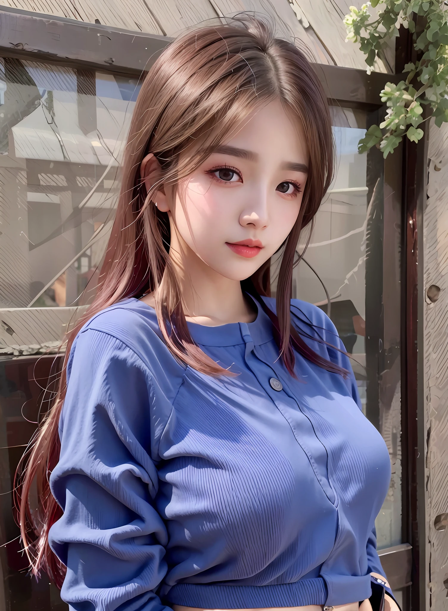 Top Quality, Ultra High Resolution, (Photorealistic: 1.4), (Detailed Beautiful Girl: 1.4), (Medium: 0.5), looking_at_viewer, Detailed Facial Details, Beautiful Detailed Eyes, Brown Hair, Blue Eyes, Slender, Unforgettable Smile, (Makeup: 0.3), Red Lips, Highly Detailed Clothes, (ulzzang-6500-v1.1:0.3), droopy eyes, makeup