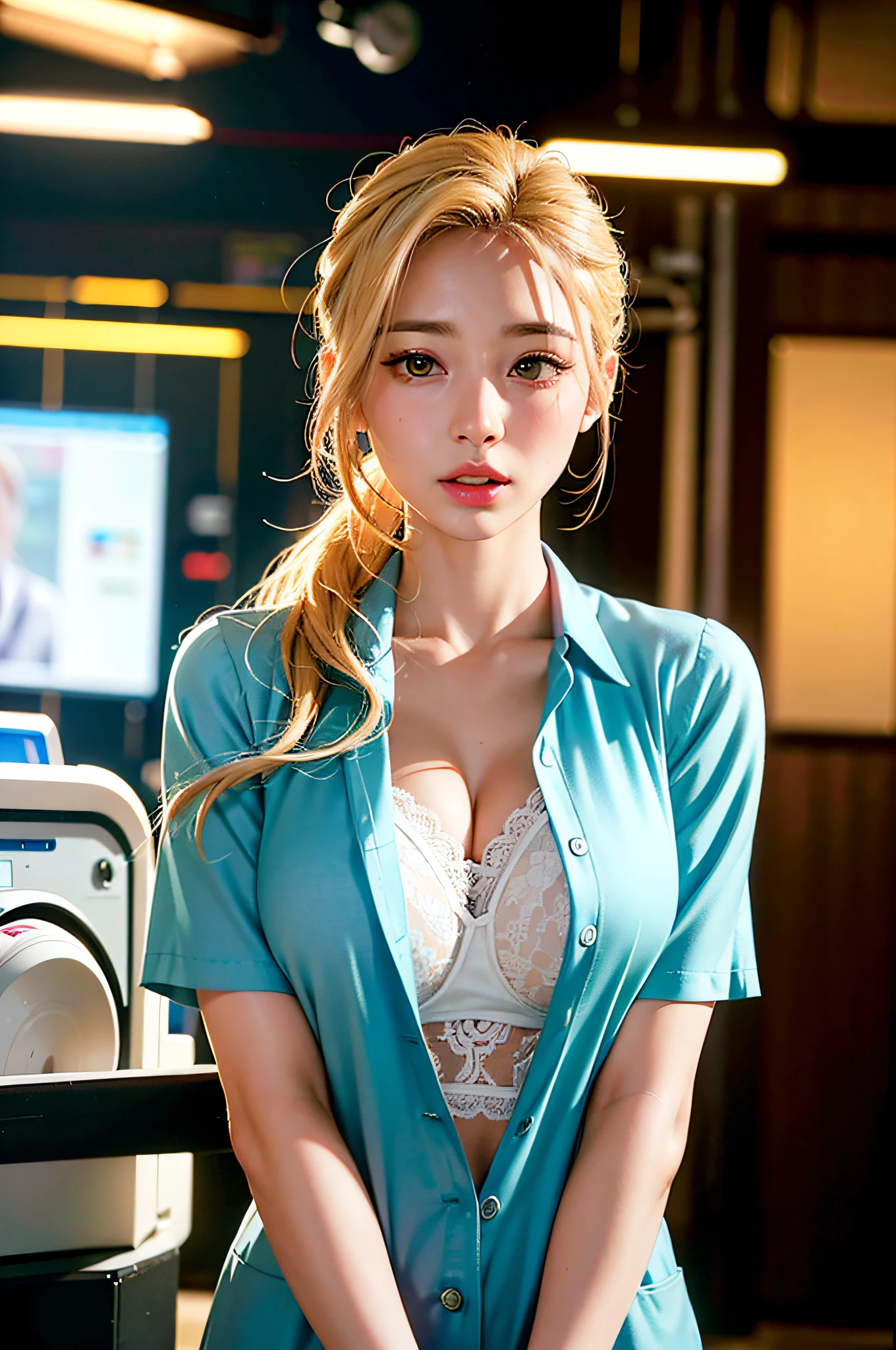 symmetrical,High detail RAW color photo professional photograph,1girl , 29 years old,(Caucasian,European-Asian race:1.15), (corneo_mercy:1.25),Nurse, nurse uniform,(mercy's nurse uniform:1.3), nurse cap,Wearing a hearing aid and wanting to hear the other person's heartbeat,beautiful face,full body, (large chest),blush,looking at viewer,Blond hair,shiny hair, (colored inner hair:1.103), (Long eyelashes:1.05), (half closed eyes:1.103), (empty eyes:1.05), Lace underwear, (Highly detailed scenery:1.05), (large breast), (at a operating room:1.15), cyberpunk-style, Operating table, hospital bed, surgical medical equipment, (at night:1.05), tindal effect,lens flare,shade, bloom, backlighting, depth of field wide angle portrait , film grain, photographed with a Sony a9 II Mirrorless Camera, by Laurence Demaison ,stunning lighting effects, (finely detailed beautiful eyes and face:1.15), (hyper extreme detailed:1.05), (high resolution:1.158), (best quality:1.158), 4K, 8k, 16k, (100-layer:1.158)