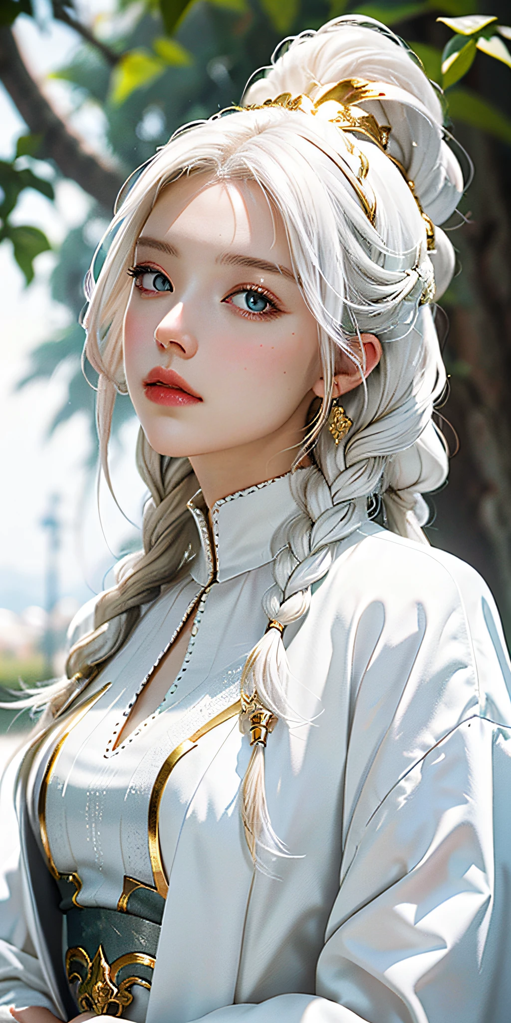 best quality, masterpiece,white hair, gold eyes,white clothes, looking up, upper body,hair strand,Fair skin,side braids
