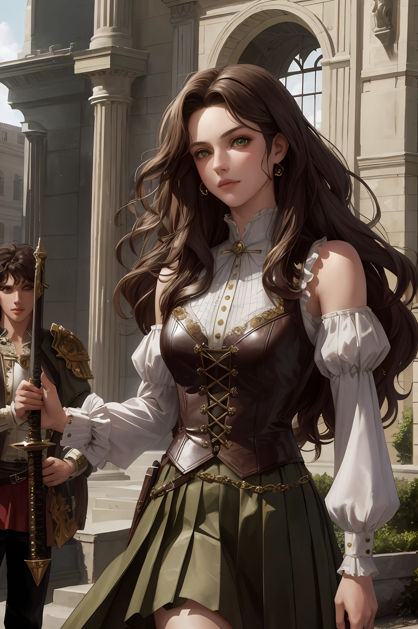 8k, best quality, masterpiece, highly detailed, semi realistic, a girl, a girl, 20 years old, long dark brown hair, curly hair, benches, green eyes, rococo style cut clothes, armor, skirt that falls, short skirt, leather vest, bare shoulders, thin figure, cold expression, beautiful spear, battle scenes, outdoor, medieval background