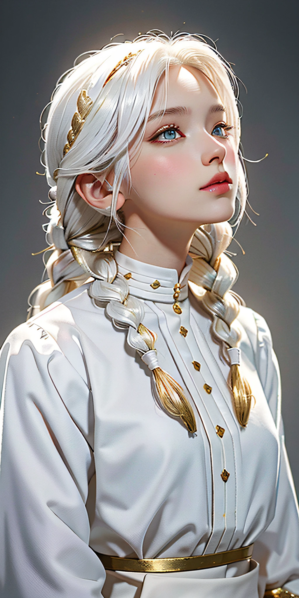 best quality, masterpiece,white hair, gold eyes,white clothes, looking up, upper body,hair strand,Fair skin,side braids