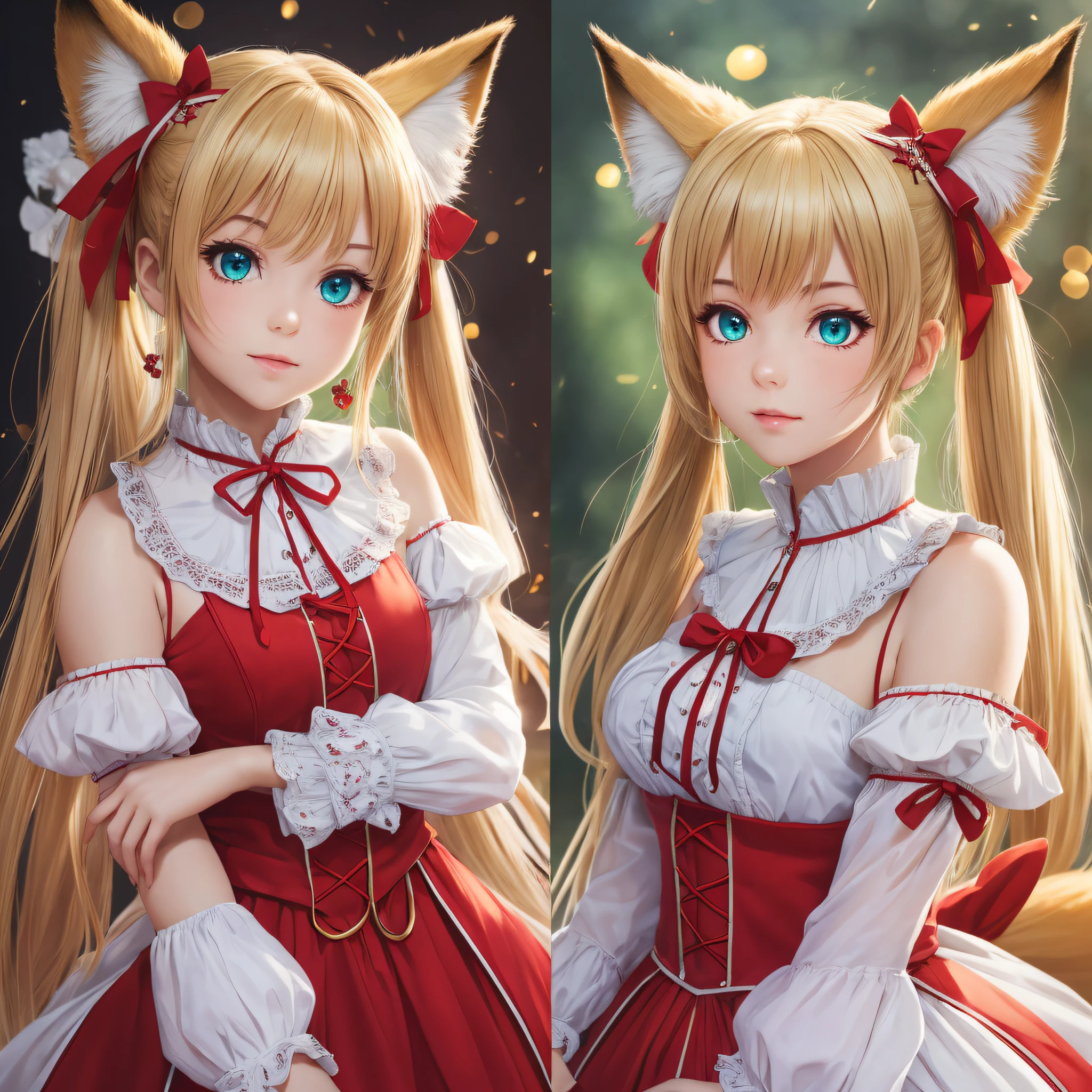 (8k, RAW photo, top quality, masterpiece: 1.2), (realistic, photorealistic: 1.37), 1 girl, (idol), (charm: 1), origin, diandre, cute, professional lighting, photon mapping, radiosity, physically based rendering, blonde twintails, fox ears, odd eye, blue left eye, green right eye, left and right different eyes, lolita, national costume, fox tail, white and red clothes, masterpiece, top quality, --auto --s2