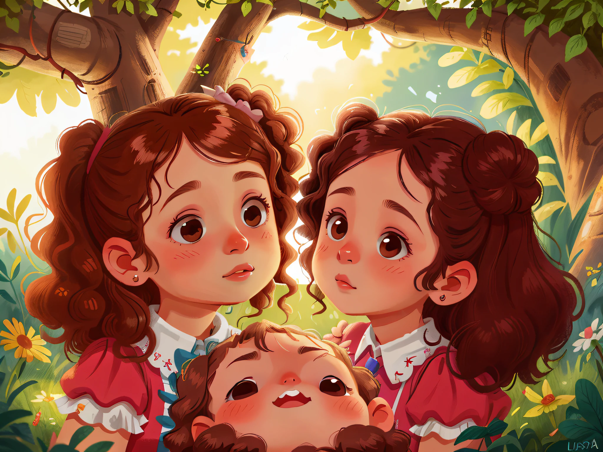 Two twin girls curly brown hair, Livia kisses her mother on the right cheek and Lavinia kisses her mother on the right cheek both at the same time.