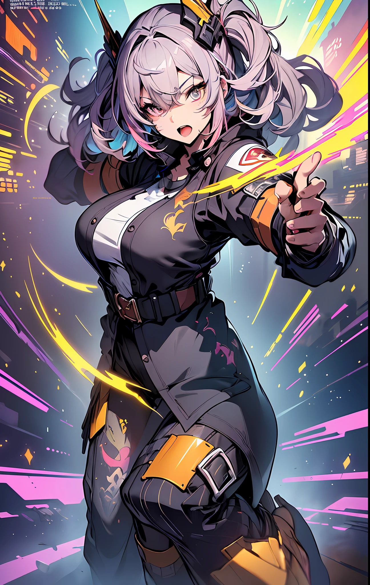 ((((spectacular))) ((heroic)) (((intense))),background, mixed-language_text, Japanese letters in graffit ,girls, excellent lighting, sidelighting, (), vhsKeeper,, style GUILTY GEAR -STRIVE perfect ultimate (flat color: 1.3), (magazine_cover: 1.4), (multicolored_background: 1.3), striped_background, card_background, :: comix style by joe madureira :: circular pieces of white metals glued to the arms coming out shimmering yellow glow, big breast , perfect and detailed,  ultra detailed shirt with abstract design and with Japanese letter print in graphite of the sides of the clothing, image of full-body girls fighting next to you with powerful dragons versus alien creature full of tentacles, with immersive effects, hover effect, background style graffiti tribal tattoo with vibrant colors "HDR ultra" detailed and with focus effect,  (masterpiece: 1.2, best quality), (finely detailed beautiful eyes: 1.2), , ((Solo)), (Finely detailed eyes and detailed face:1.3), in various full-body attack poses, (cute background: 1.2),futuristic costume, super detailed circular metals Grabbed at arms and pants, fantastic paintings, eyes absolutely, hyper detailed, highest resolution, hair covering eyes, beautiful face, open mouth with a soft pink lipstick,   beautiful eyes, vibrant colors, night, digital art of the highest quality, stunning art, 4k,8k,64k wallpaper, HD, incomparable masterpiece, dynamic lighting, cinematic, epic
