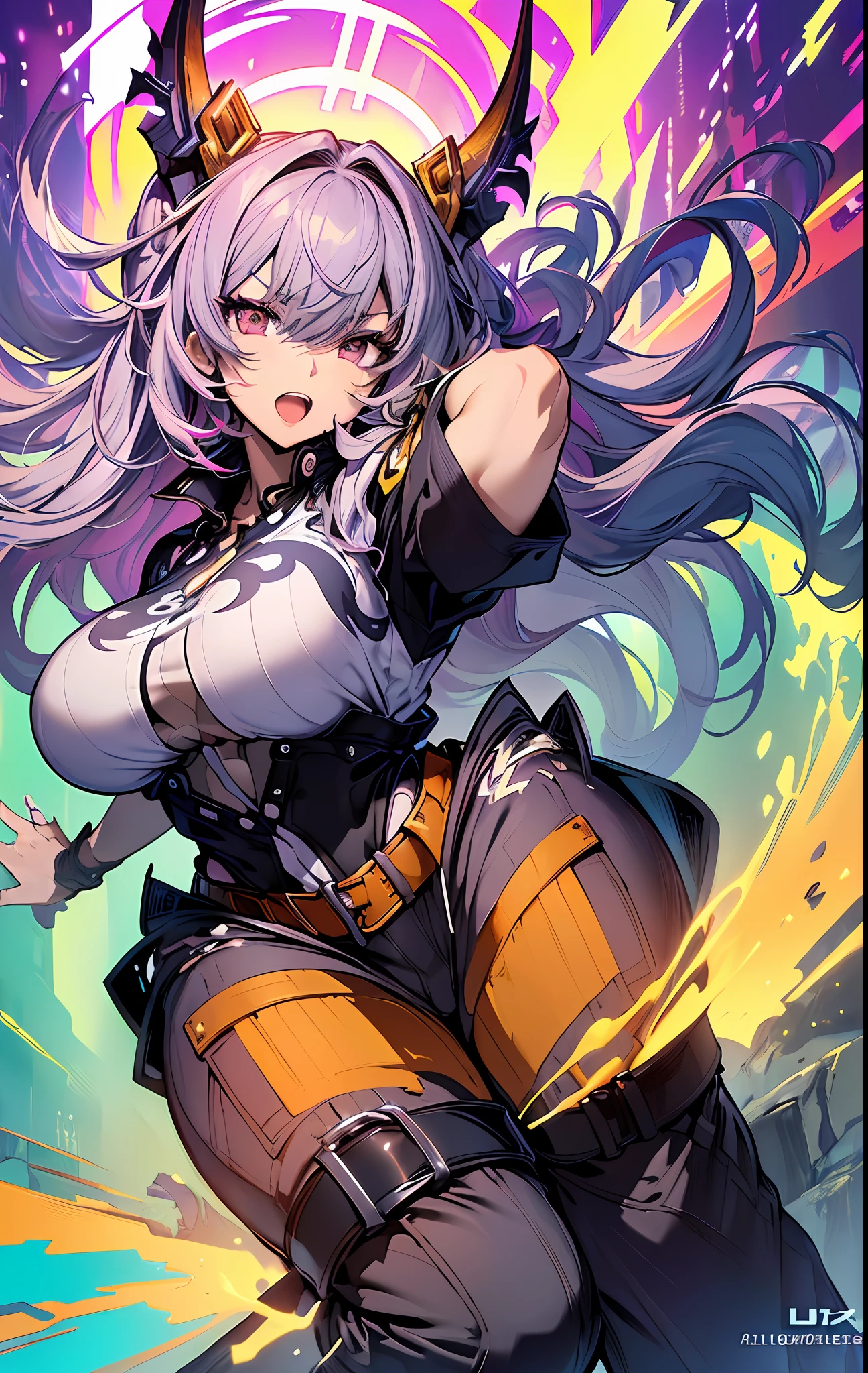 ((((spectacular))) ((heroic)) (((intense))),background, mixed-language_text, Japanese letters in graffit ,girls, excellent lighting, sidelighting, (), vhsKeeper,, style GUILTY GEAR -STRIVE perfect ultimate (flat color: 1.3), (magazine_cover: 1.4), (multicolored_background: 1.3), striped_background, card_background, :: comix style by joe madureira :: circular pieces of white metals glued to the arms coming out shimmering yellow glow, big breast , perfect and detailed, ultra detailed shirt with abstract design and with Japanese letter print in graphite of the sides of the clothing, image of full-body girls fighting next to you with powerful dragons versus alien creature full of tentacles, with immersive effects, hover effect, background style graffiti tribal tattoo with vibrant colors "HDR ultra" detailed and with focus effect, (masterpiece: 1.2, best quality), (finely detailed beautiful eyes: 1.2), , ((Solo)), (Finely detailed eyes and detailed face:1.3), in various full-body attack poses, (cute background: 1.2),futuristic costume, super detailed circular metals Grabbed at arms and pants, fantastic paintings, eyes absolutely, hyper detailed, highest resolution, hair covering eyes, beautiful face, open mouth with a soft pink lipstick, beautiful eyes, vibrant colors, night, digital art of the highest quality, stunning art, 4k,8k,64k wallpaper, HD, incomparable masterpiece, dynamic lighting, cinematic, epic